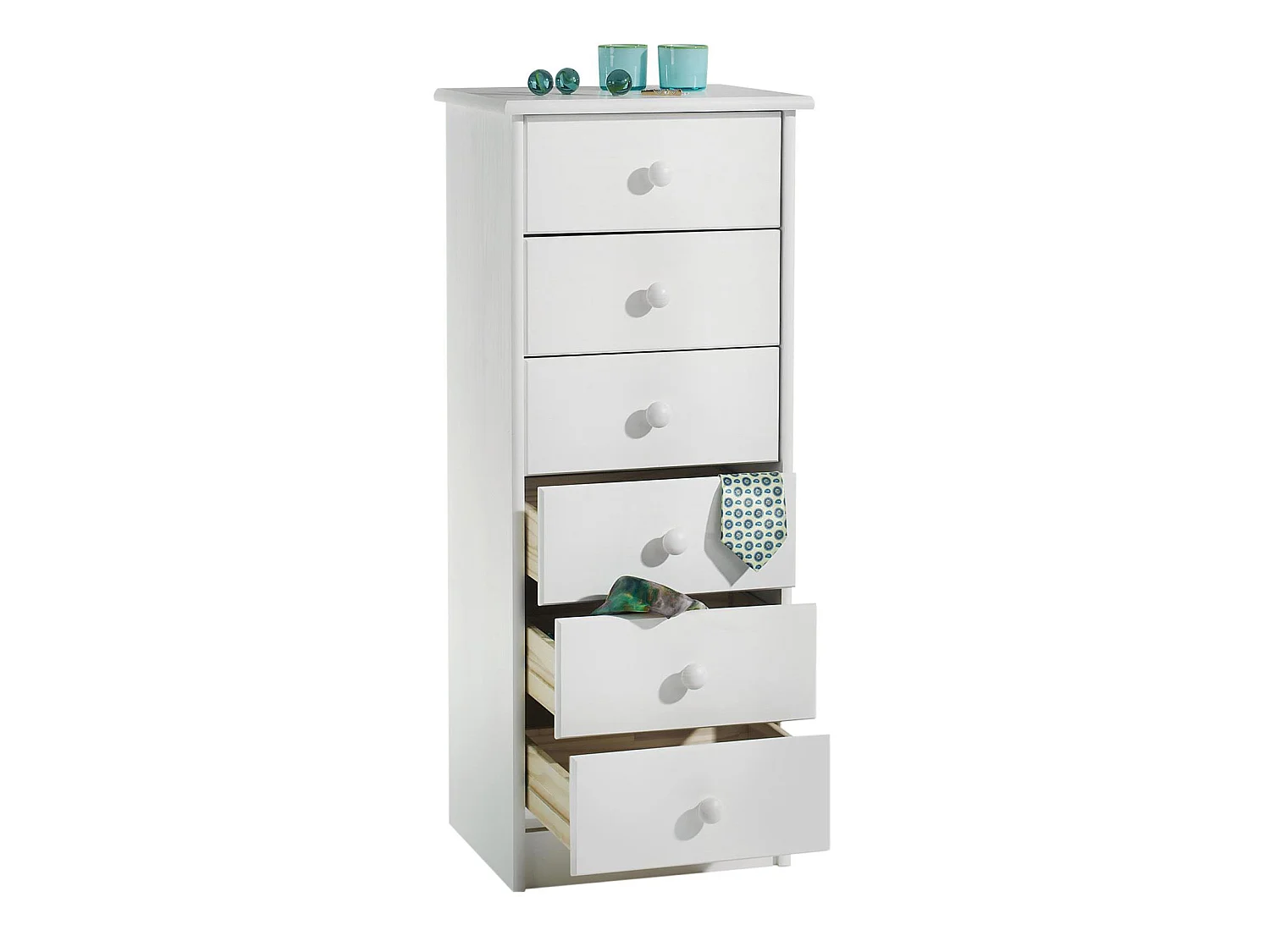 Chiffonnier RONDO meuble de rangement commode apothicaire avec 6 tiroirs, en pin massif lasuré blanc