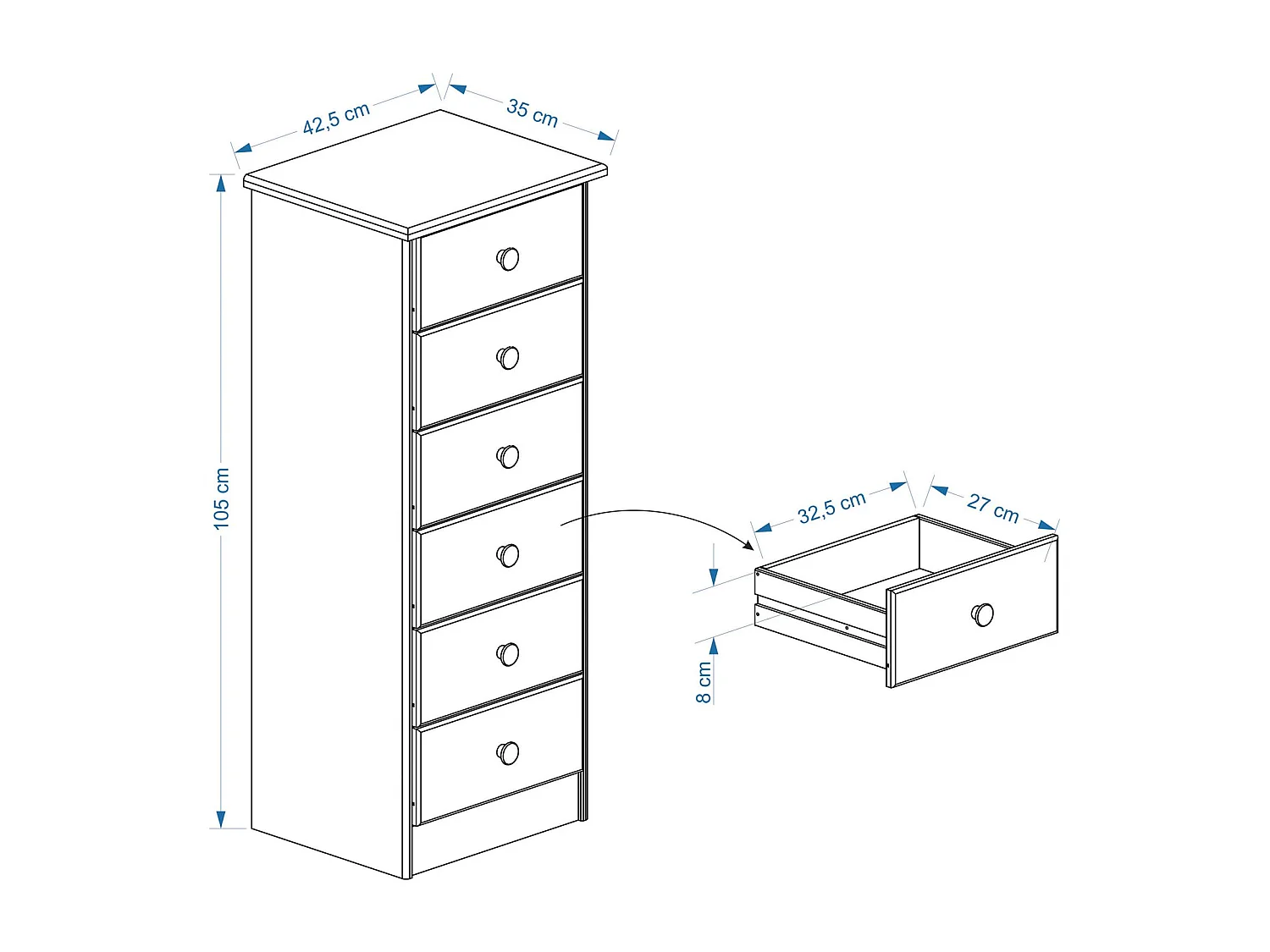 Chiffonnier RONDO meuble de rangement commode apothicaire avec 6 tiroirs, en pin massif lasuré blanc