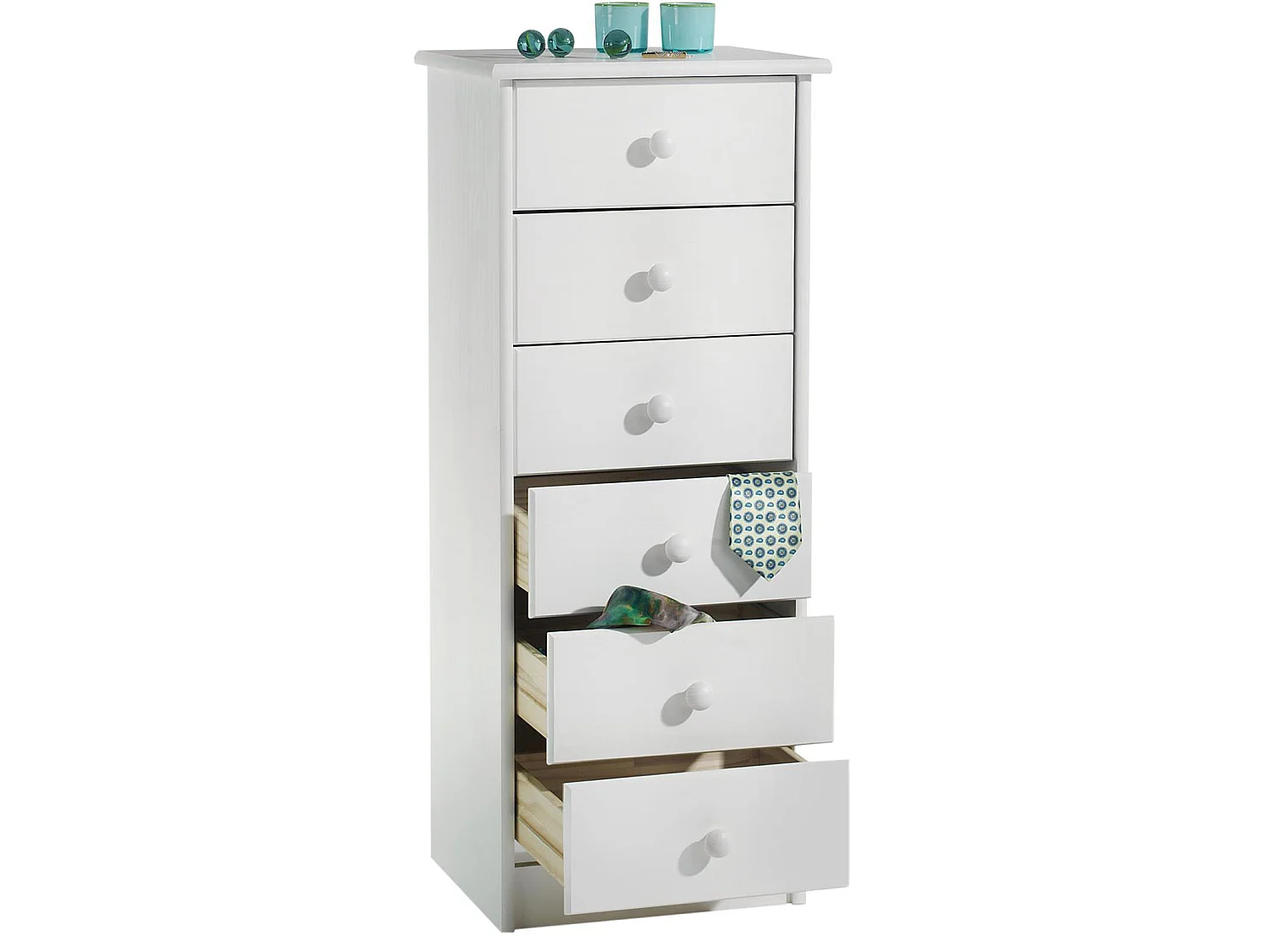 Chiffonnier RONDO meuble de rangement commode apothicaire avec 6 tiroirs, en pin massif lasuré blanc