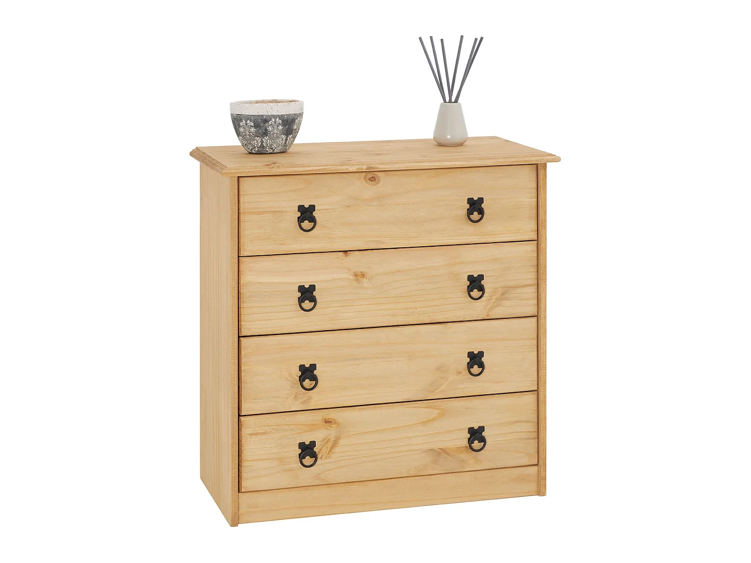 Commode en pin BARRIO 4 grands tiroirs buffet bahut vaisselier en bois style mexicain, finition teintée et cirée