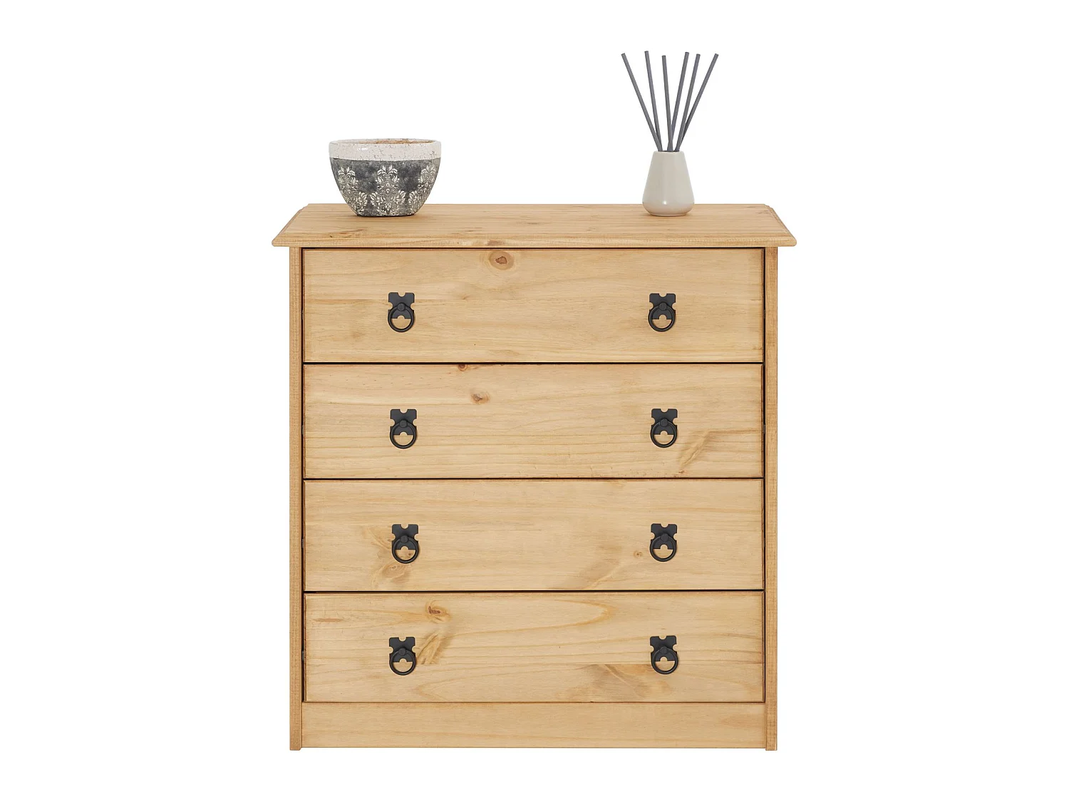 Commode en pin BARRIO 4 grands tiroirs buffet bahut vaisselier en bois style mexicain, finition teintée et cirée