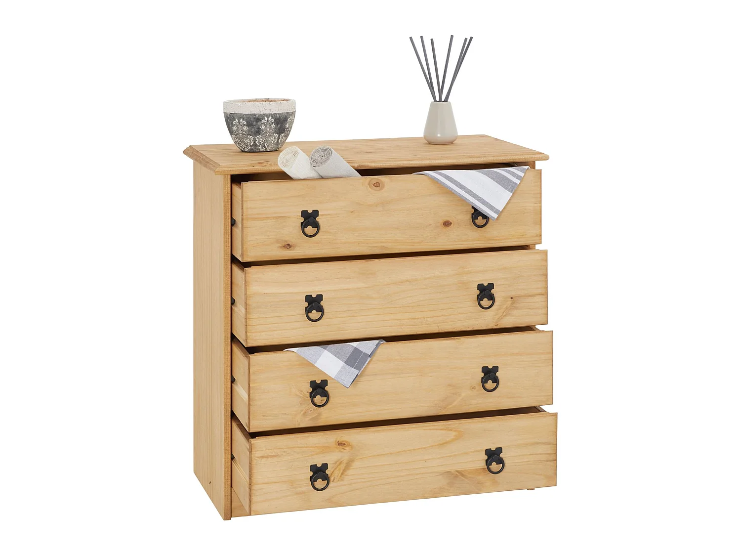 Commode en pin BARRIO 4 grands tiroirs buffet bahut vaisselier en bois style mexicain, finition teintée et cirée