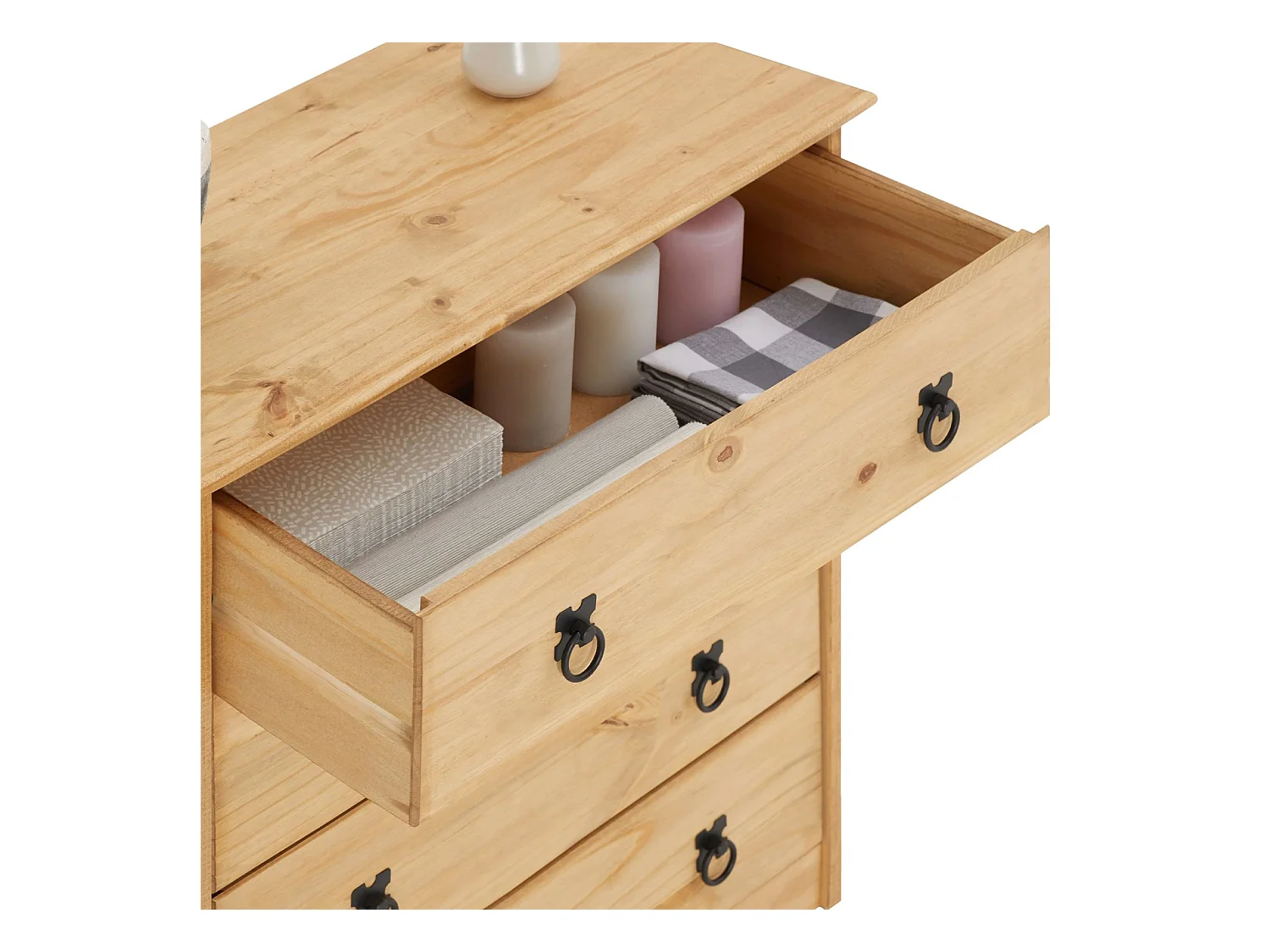 Commode en pin BARRIO 4 grands tiroirs buffet bahut vaisselier en bois style mexicain, finition teintée et cirée