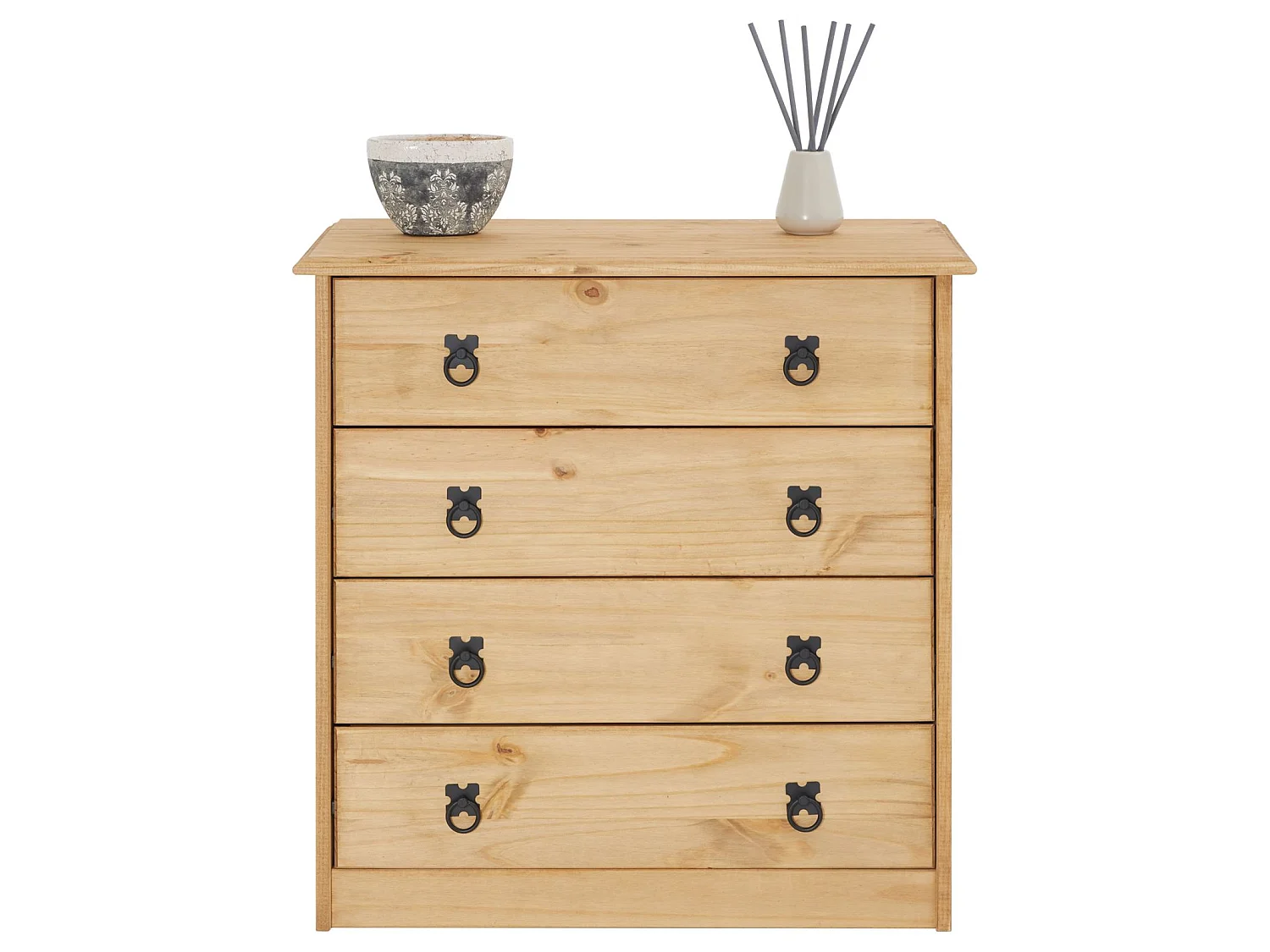 Commode en pin BARRIO 4 grands tiroirs buffet bahut vaisselier en bois style mexicain, finition teintée et cirée