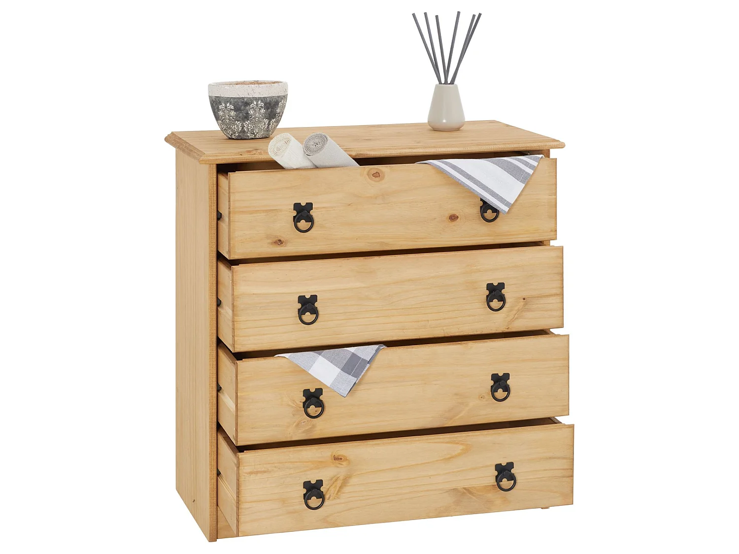 Commode en pin BARRIO 4 grands tiroirs buffet bahut vaisselier en bois style mexicain, finition teintée et cirée