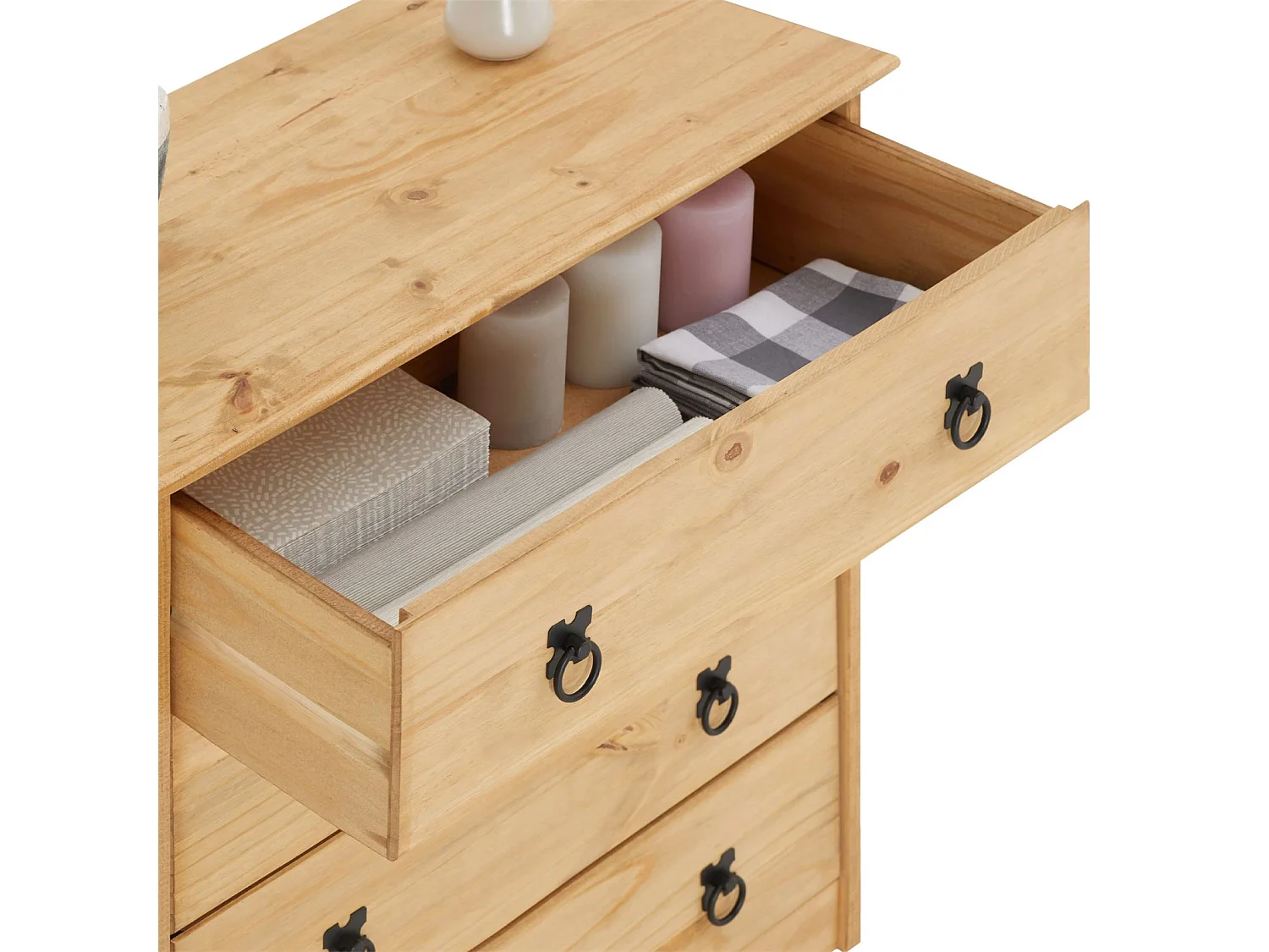 Commode en pin BARRIO 4 grands tiroirs buffet bahut vaisselier en bois style mexicain, finition teintée et cirée