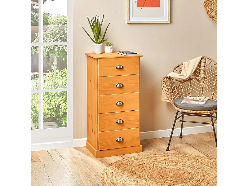 Chiffonnier PARIS commode avec 5 tiroirs en pin massif lasuré brun