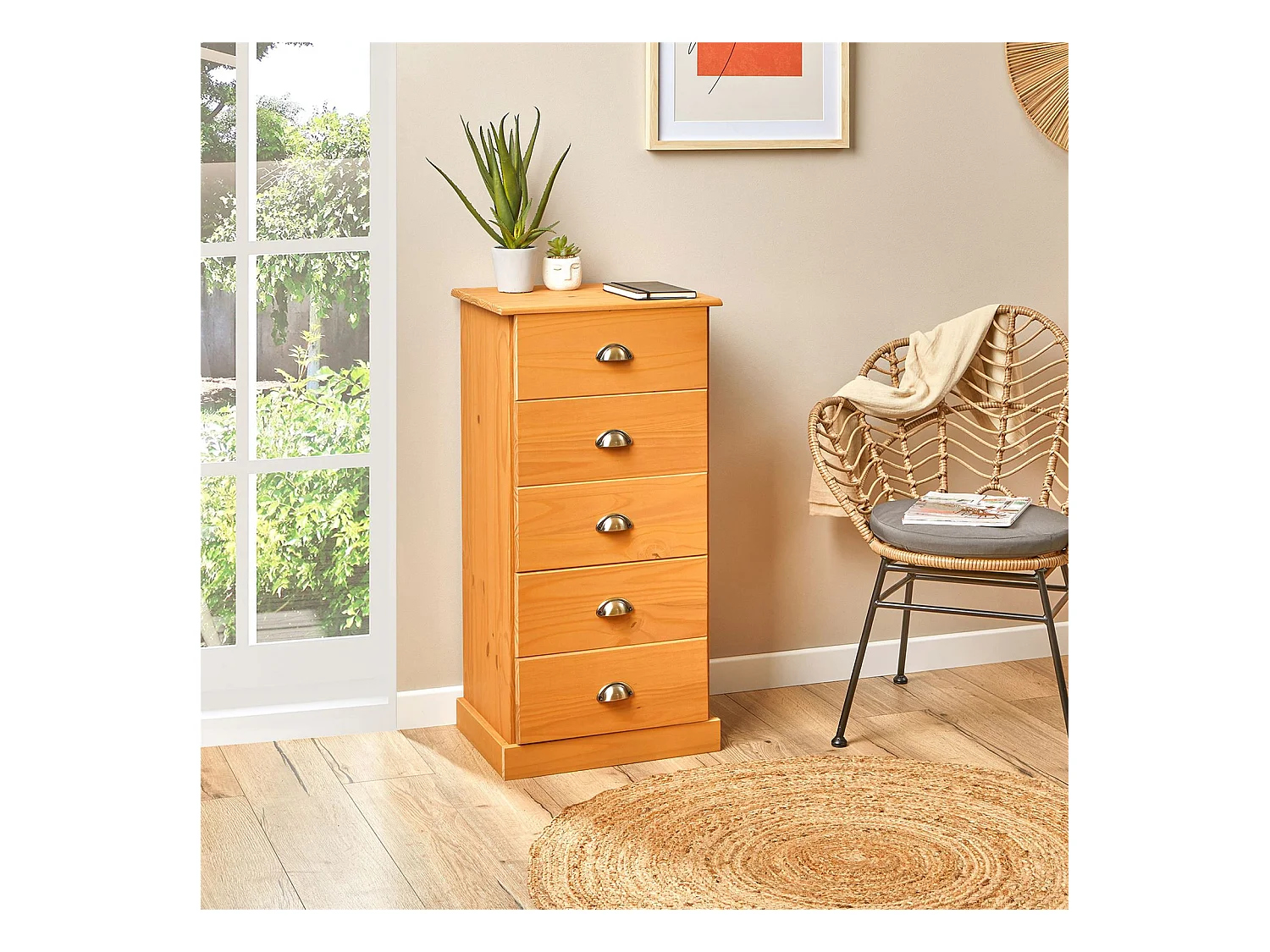 Chiffonnier PARIS commode avec 5 tiroirs en pin massif lasuré brun