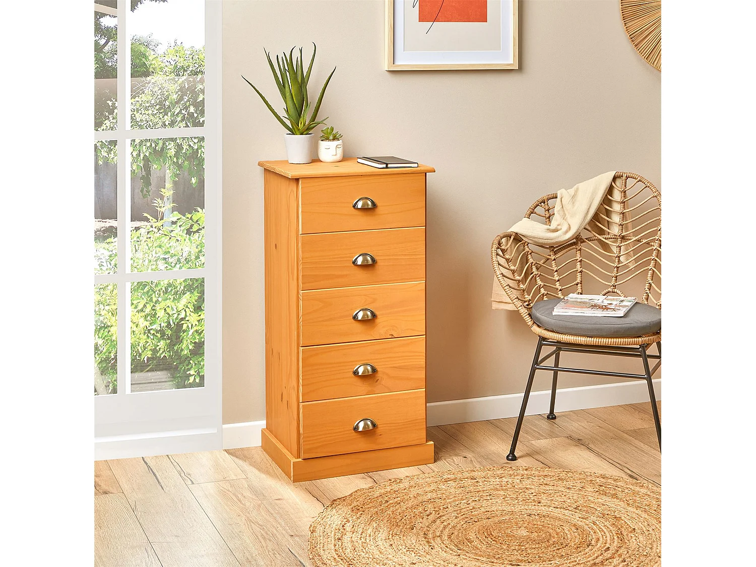 Chiffonnier PARIS commode avec 5 tiroirs en pin massif lasuré brun