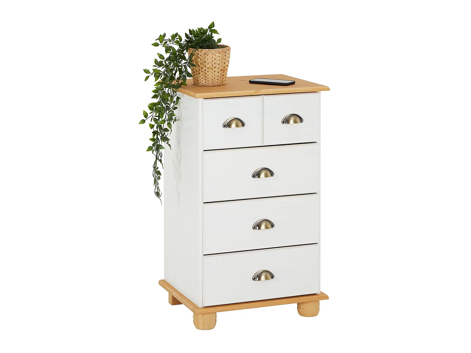 Commode chambre COLMAR L 49 cm en bois massif brun avec 4 tiroirs, meuble de rangement adulte lasuré
