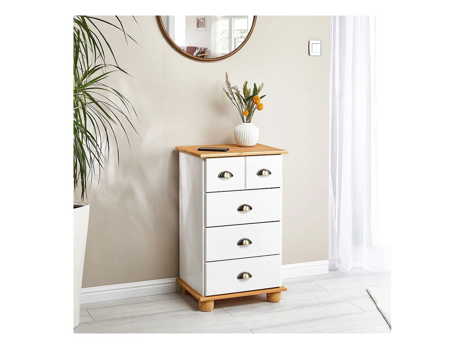 Commode chambre COLMAR L 49 cm en bois massif brun avec 4 tiroirs, meuble de rangement adulte lasuré