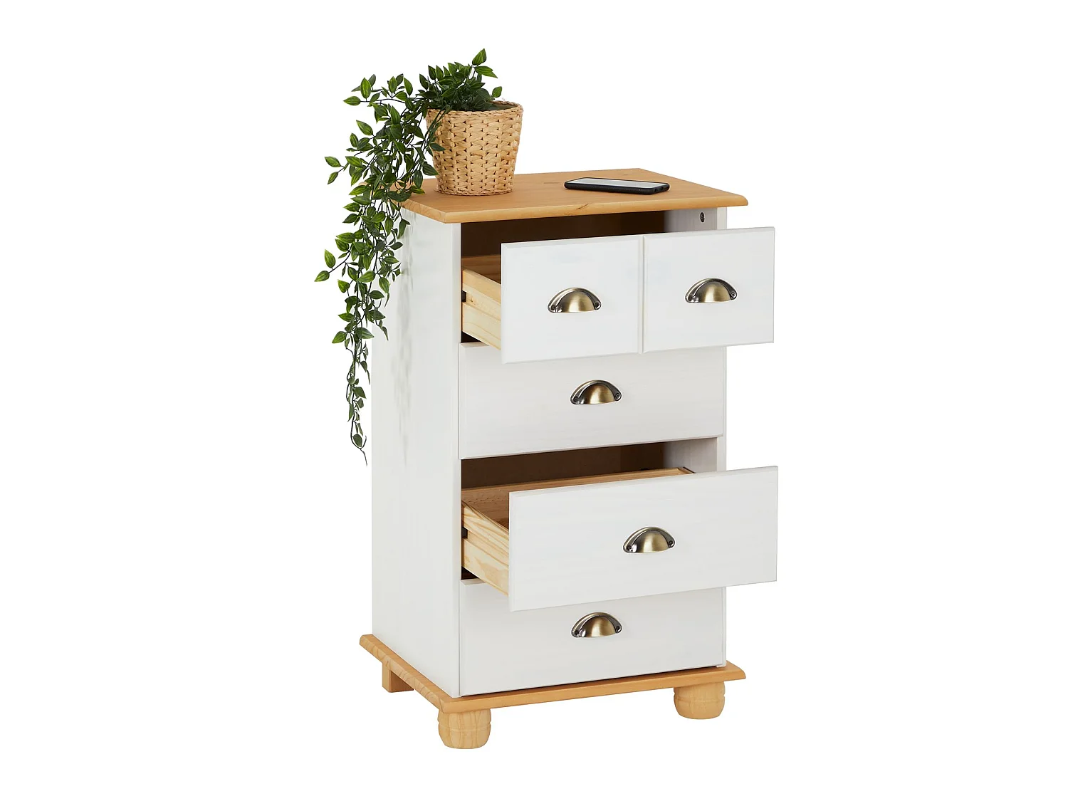 Commode chambre COLMAR L 49 cm en bois massif brun avec 4 tiroirs, meuble de rangement adulte lasuré