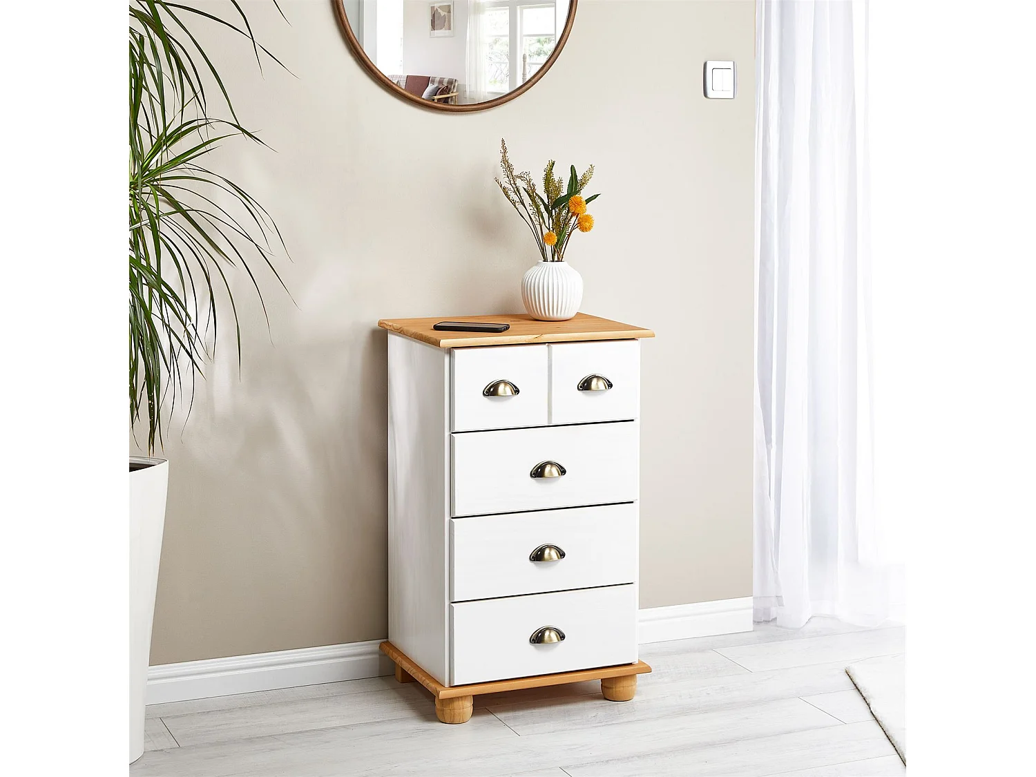 Commode chambre COLMAR L 49 cm en bois massif brun avec 4 tiroirs, meuble de rangement adulte lasuré