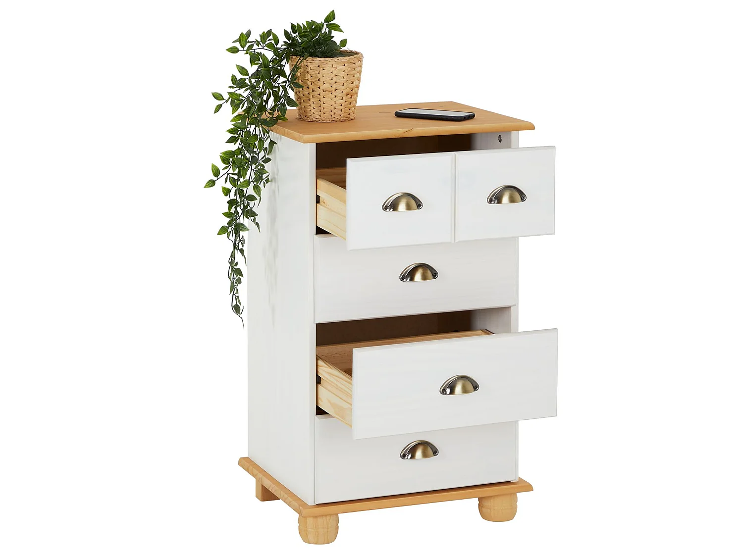 Commode chambre COLMAR L 49 cm en bois massif brun avec 4 tiroirs, meuble de rangement adulte lasuré