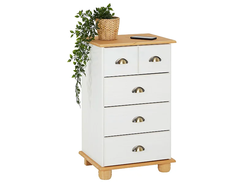 Commode chambre COLMAR L 49 cm en bois massif brun avec 4 tiroirs, meuble de rangement adulte lasuré