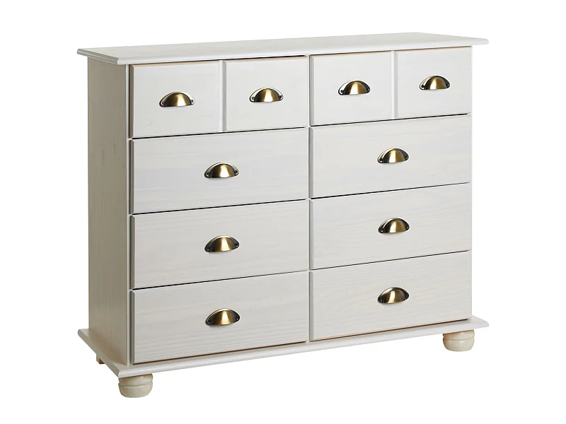Commode chambre COLMAR L 92 cm 8 tiroirs en bois massif blanc chiffonnier apothicaire rangement avec poignées en métal