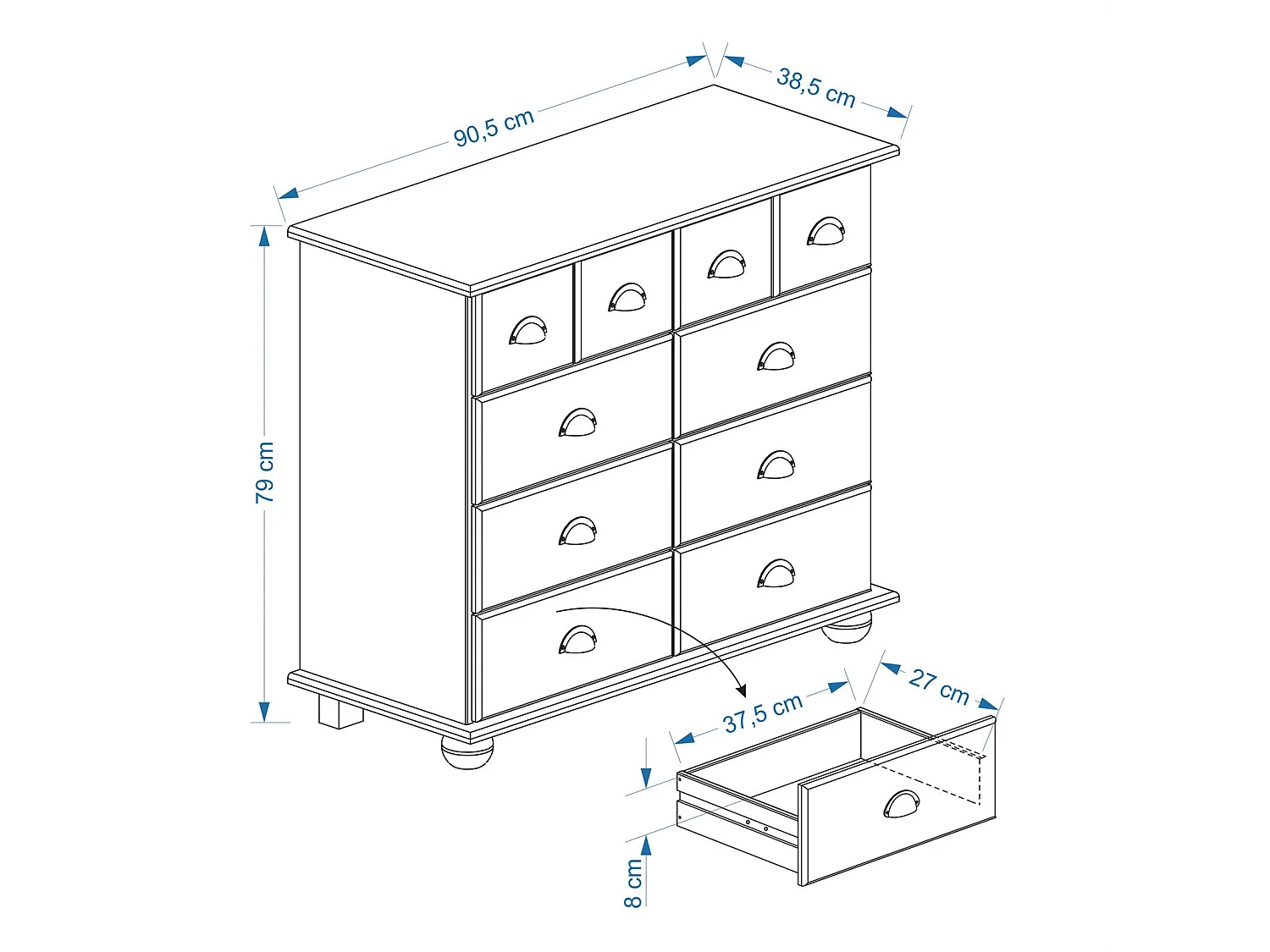 Commode chambre COLMAR L 92 cm 8 tiroirs en bois massif blanc chiffonnier apothicaire rangement avec poignées en métal