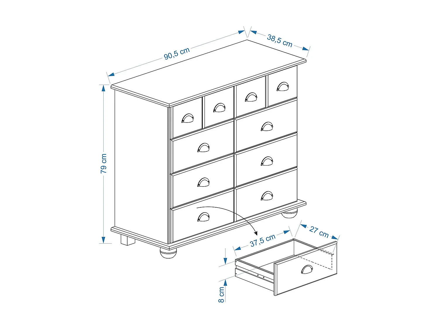 Commode chambre COLMAR L 92 cm 8 tiroirs en bois massif blanc chiffonnier apothicaire rangement avec poignées en métal