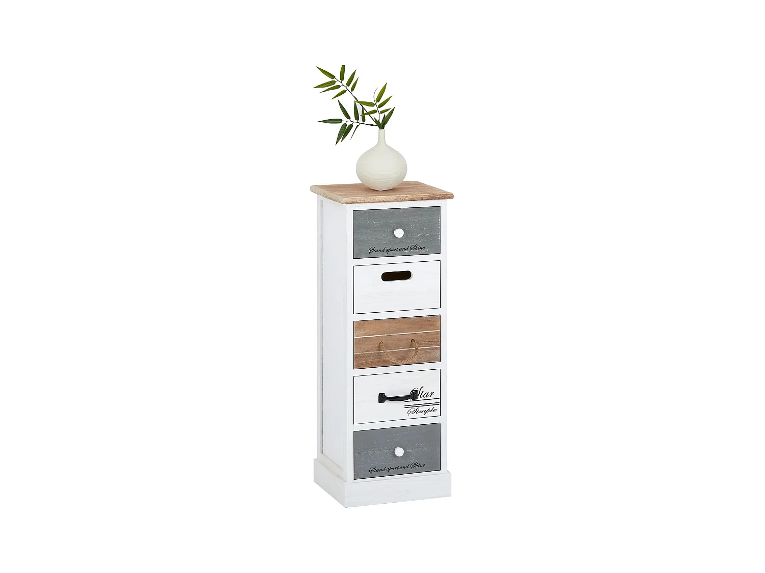 Chiffonnier SALVA H 77 cm en bois massif blanc, gris et brun 5 tiroirs commode petit meuble de rangement haut
