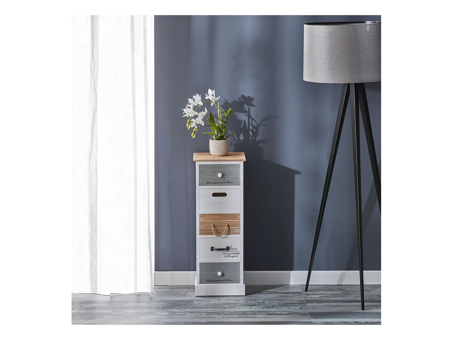 Chiffonnier SALVA H 77 cm en bois massif blanc, gris et brun 5 tiroirs commode petit meuble de rangement haut