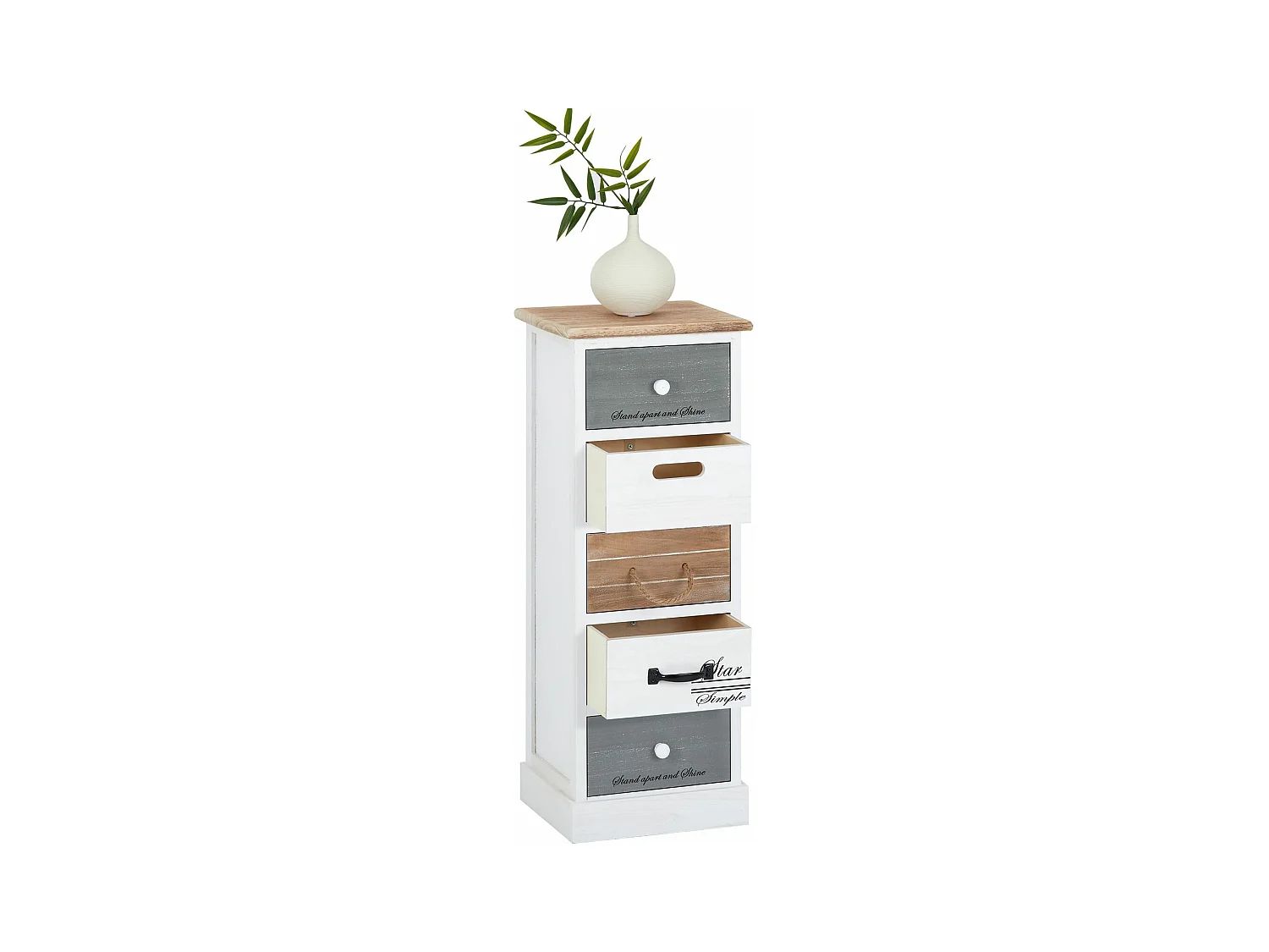 Chiffonnier SALVA H 77 cm en bois massif blanc, gris et brun 5 tiroirs commode petit meuble de rangement haut