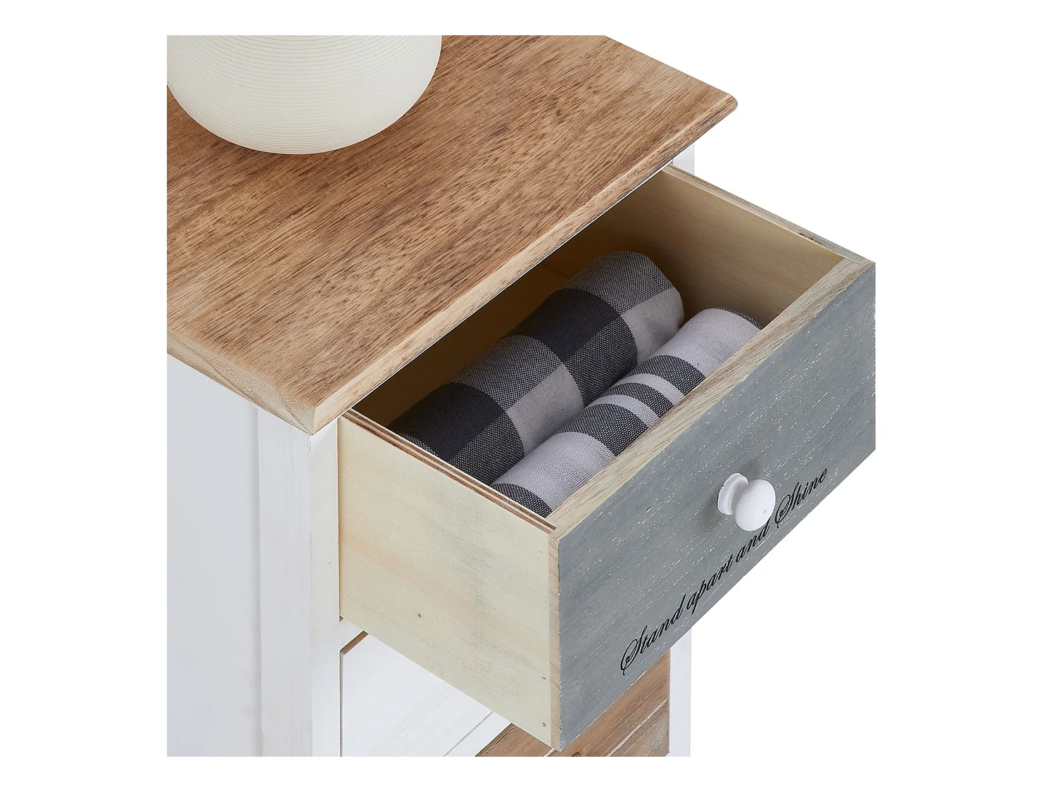 Chiffonnier SALVA H 77 cm en bois massif blanc, gris et brun 5 tiroirs commode petit meuble de rangement haut