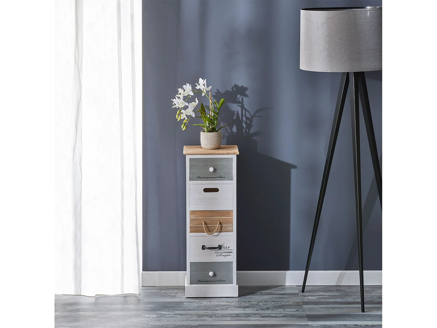 Chiffonnier SALVA H 77 cm en bois massif blanc, gris et brun 5 tiroirs commode petit meuble de rangement haut