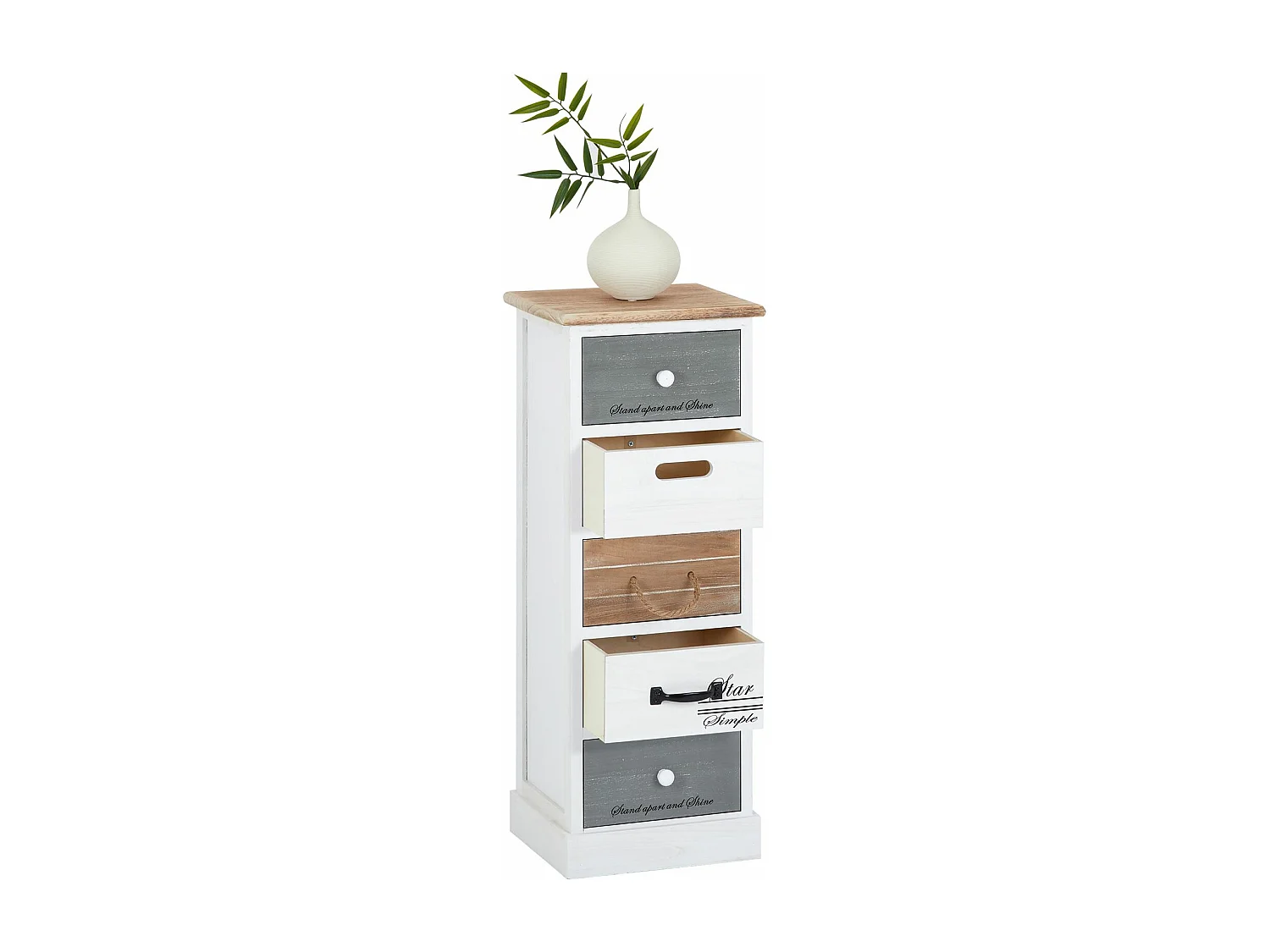 Chiffonnier SALVA H 77 cm en bois massif blanc, gris et brun 5 tiroirs commode petit meuble de rangement haut