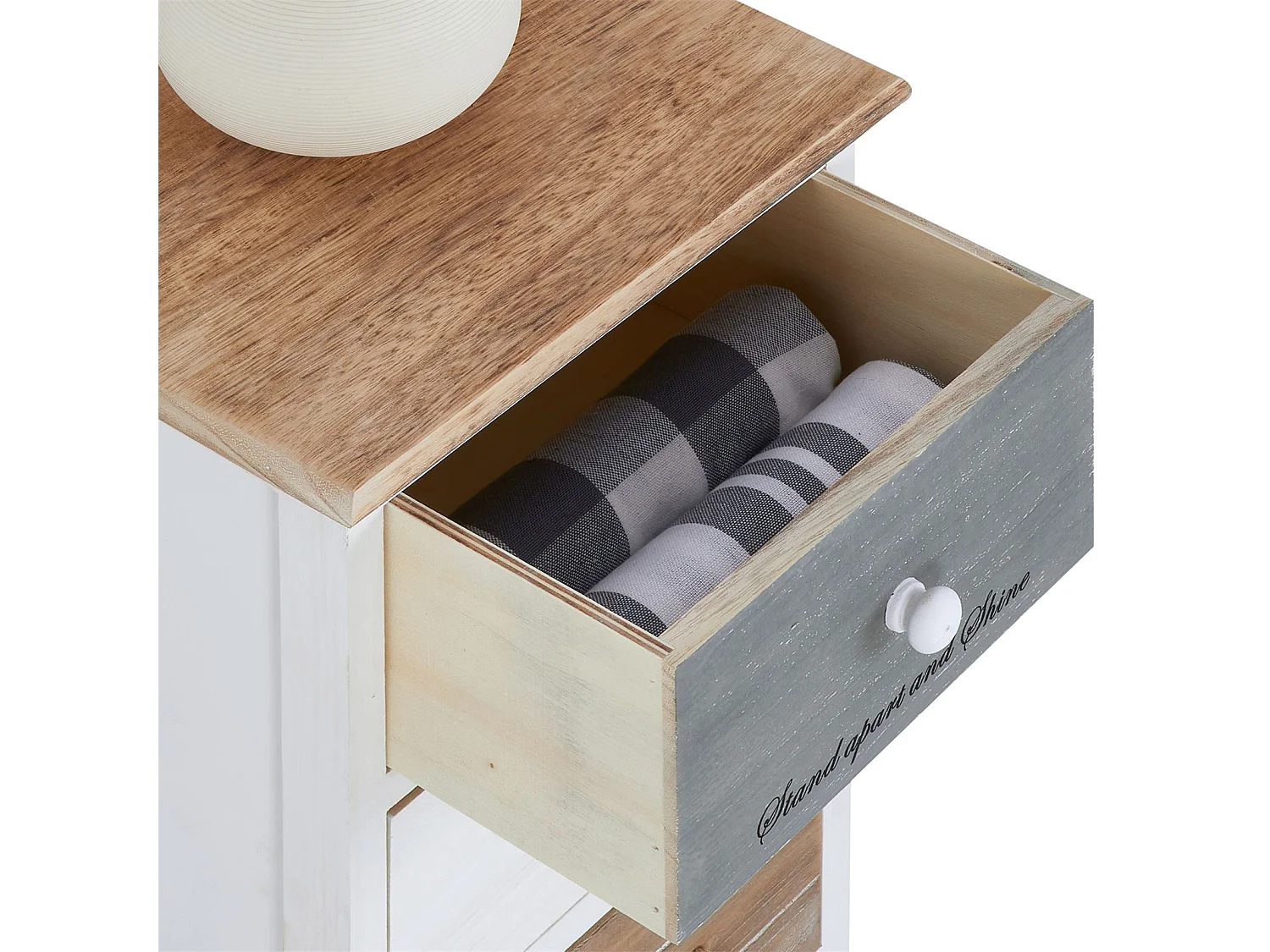 Chiffonnier SALVA H 77 cm en bois massif blanc, gris et brun 5 tiroirs commode petit meuble de rangement haut