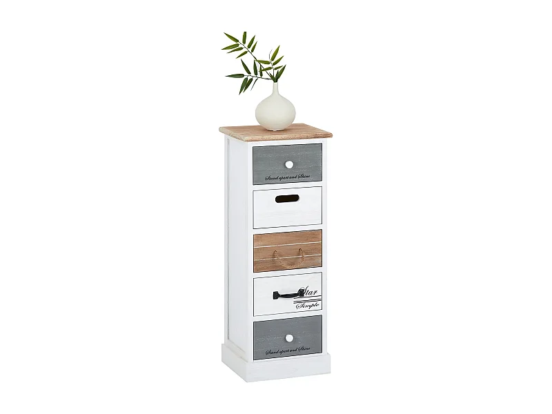 Chiffonnier SALVA H 77 cm en bois massif blanc, gris et brun 5 tiroirs commode petit meuble de rangement haut