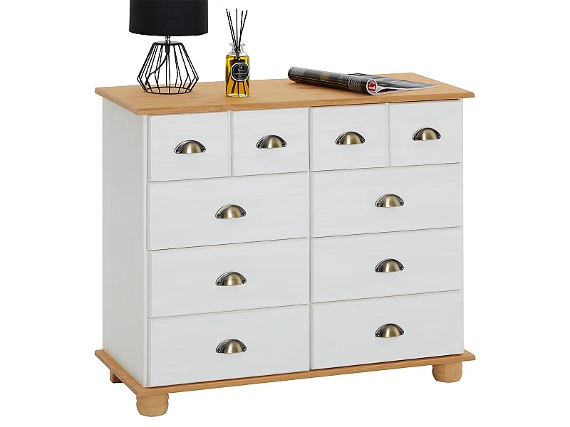 Buffet salle à manger COLMAR en bois L 92 cm blanc et brun avec 8 tiroirs spacieux, poignées coquille, finition élégante