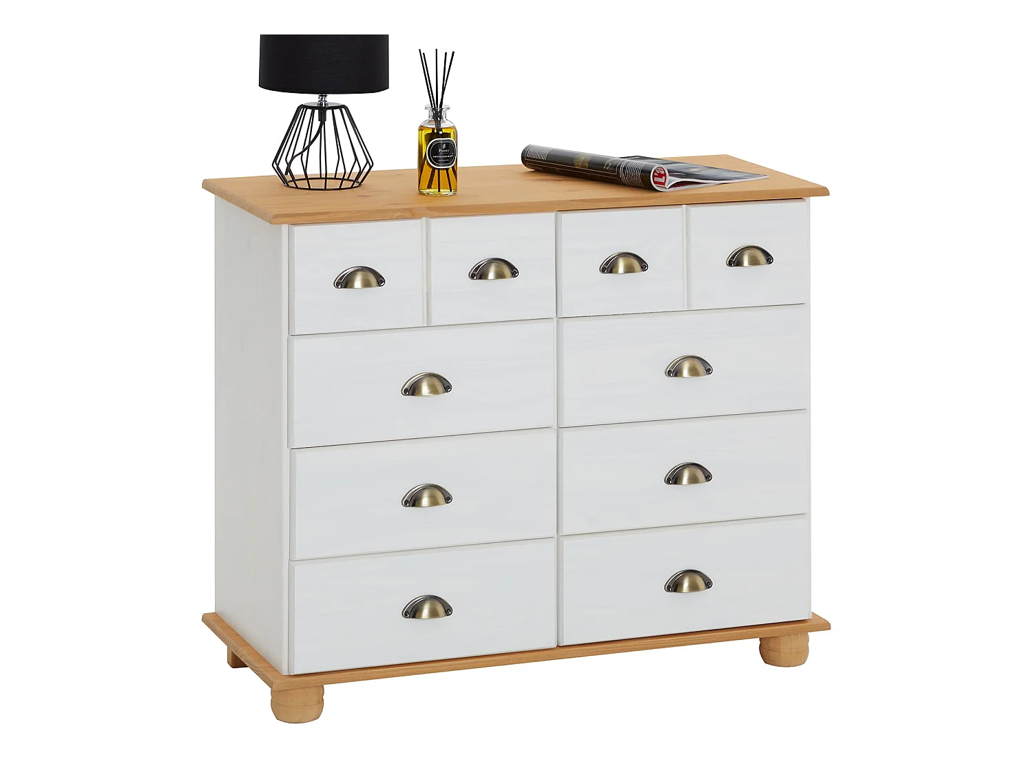 Buffet salle à manger COLMAR en bois L 92 cm blanc et brun avec 8 tiroirs spacieux, poignées coquille, finition élégante