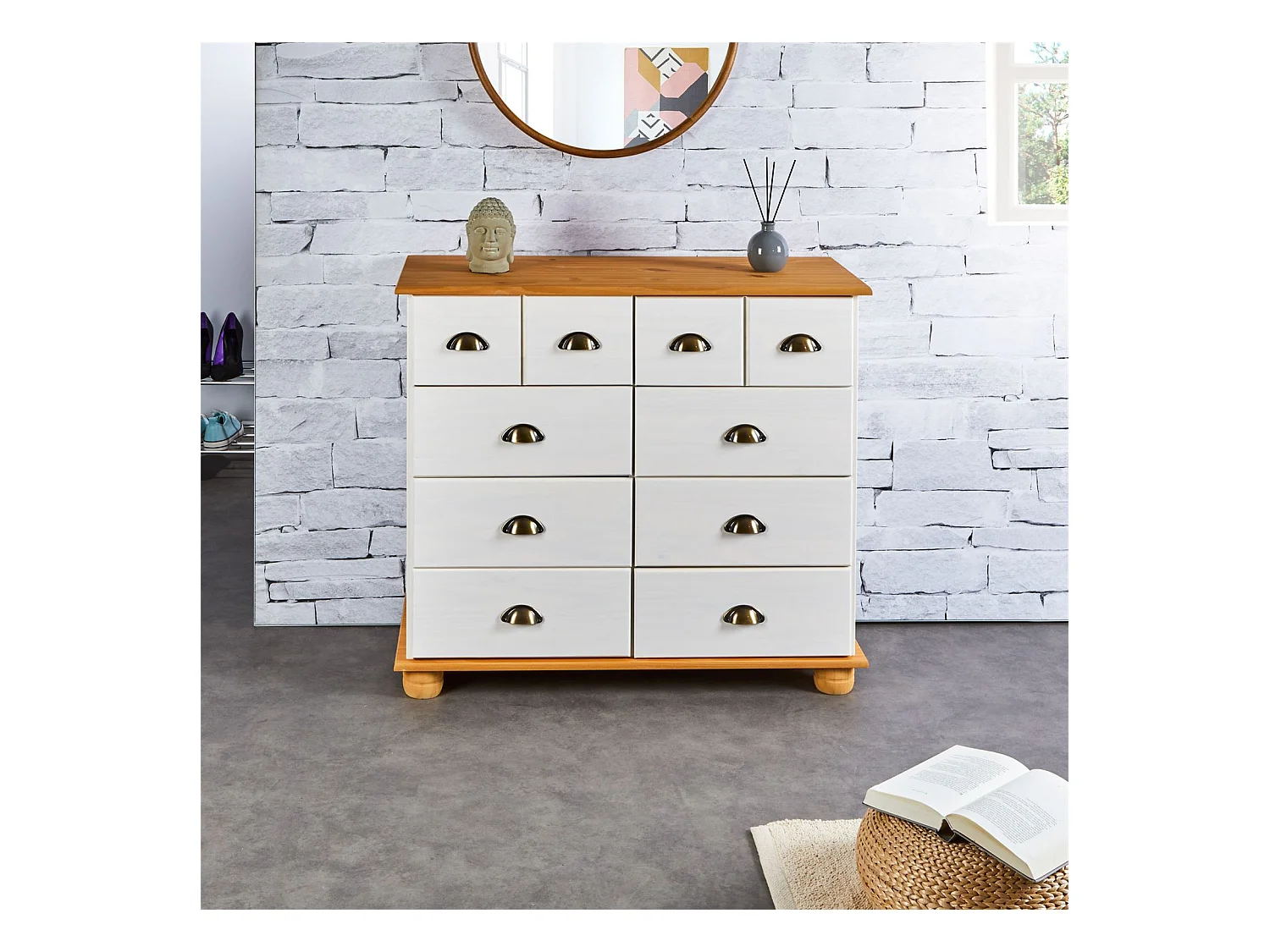 Buffet salle à manger COLMAR en bois L 92 cm blanc et brun avec 8 tiroirs spacieux, poignées coquille, finition élégante