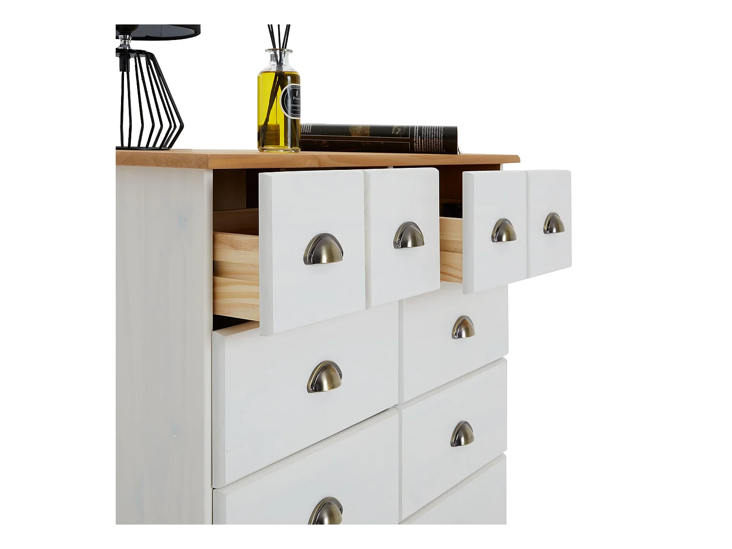 Buffet salle à manger COLMAR en bois L 92 cm blanc et brun avec 8 tiroirs spacieux, poignées coquille, finition élégante