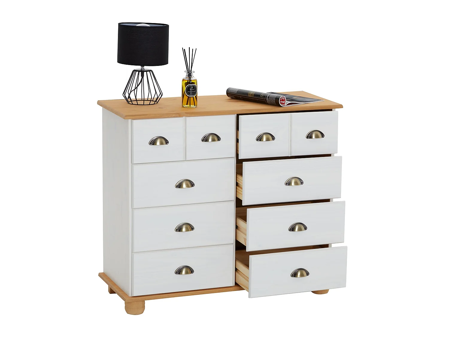 Buffet salle à manger COLMAR en bois L 92 cm blanc et brun avec 8 tiroirs spacieux, poignées coquille, finition élégante