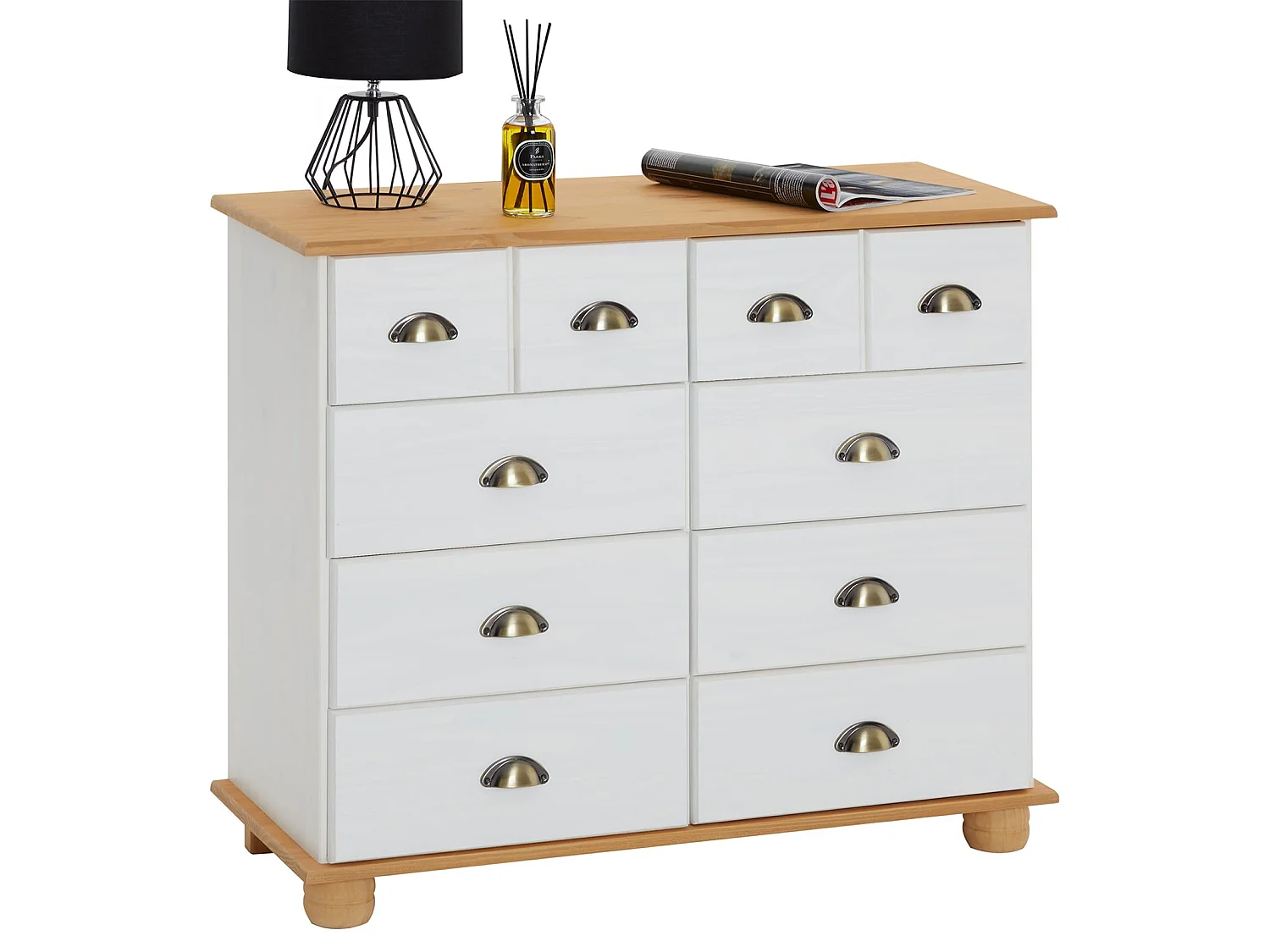 Buffet salle à manger COLMAR en bois L 92 cm blanc et brun avec 8 tiroirs spacieux, poignées coquille, finition élégante