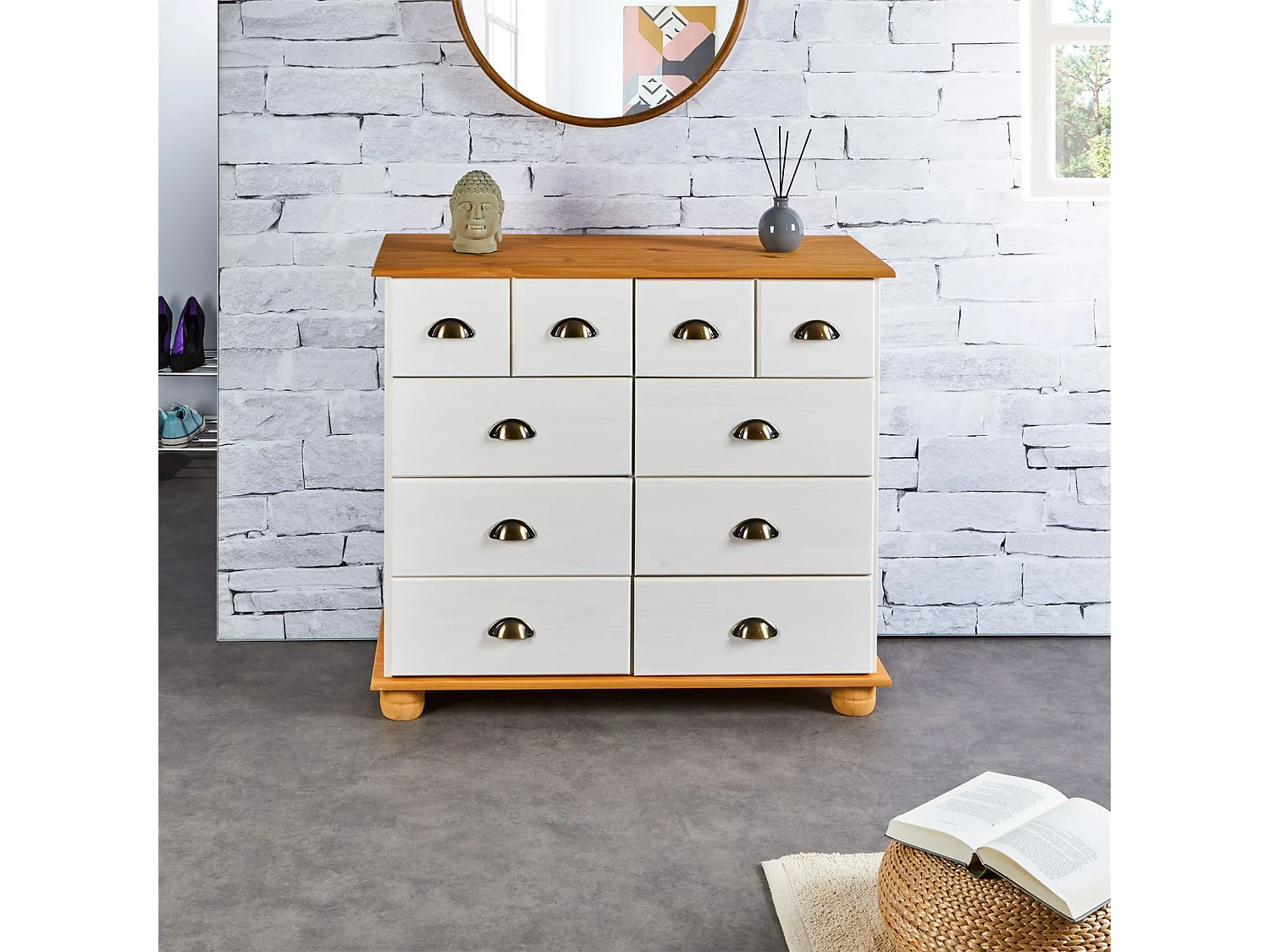 Buffet salle à manger COLMAR en bois L 92 cm blanc et brun avec 8 tiroirs spacieux, poignées coquille, finition élégante