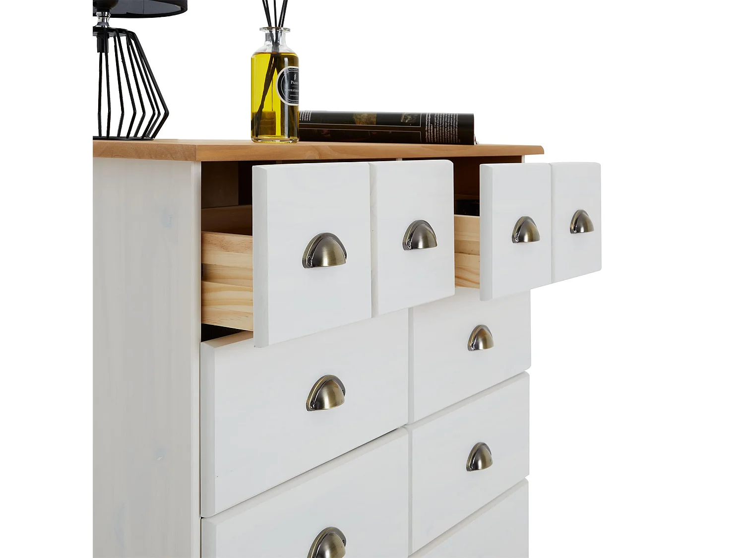 Buffet salle à manger COLMAR en bois L 92 cm blanc et brun avec 8 tiroirs spacieux, poignées coquille, finition élégante