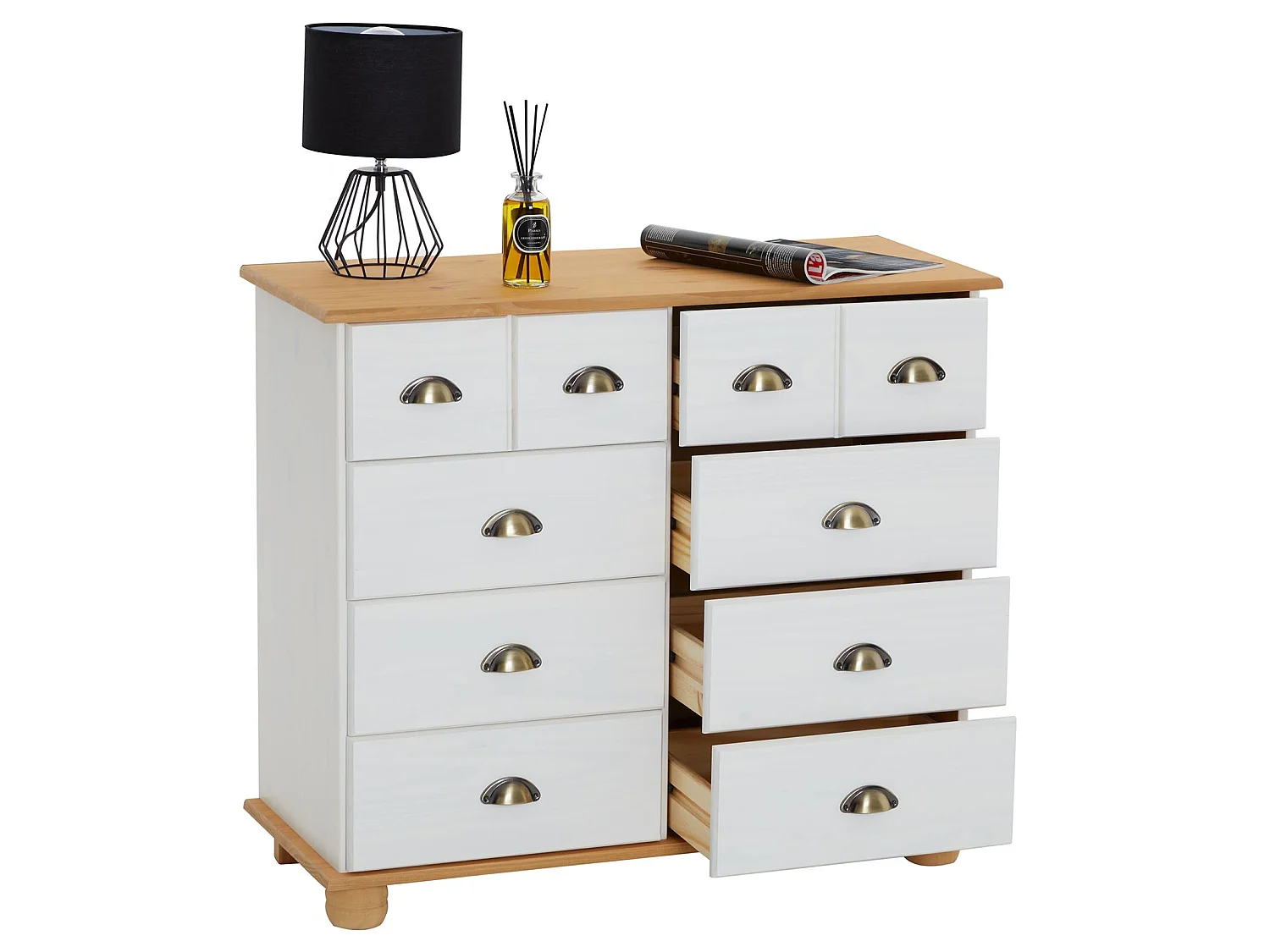 Buffet salle à manger COLMAR en bois L 92 cm blanc et brun avec 8 tiroirs spacieux, poignées coquille, finition élégante