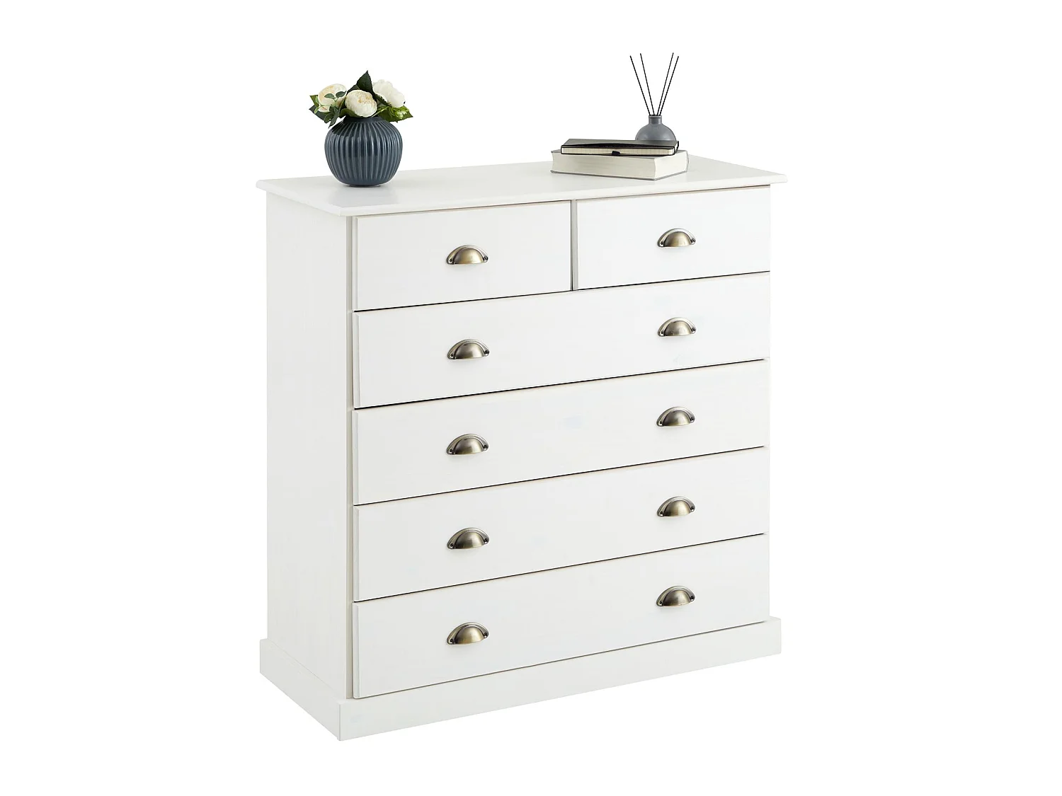 Commode chambre PARIS L 91 cm en bois massif lasuré blanc avec 6 tiroirs avec poignées coquille en métal style campagne