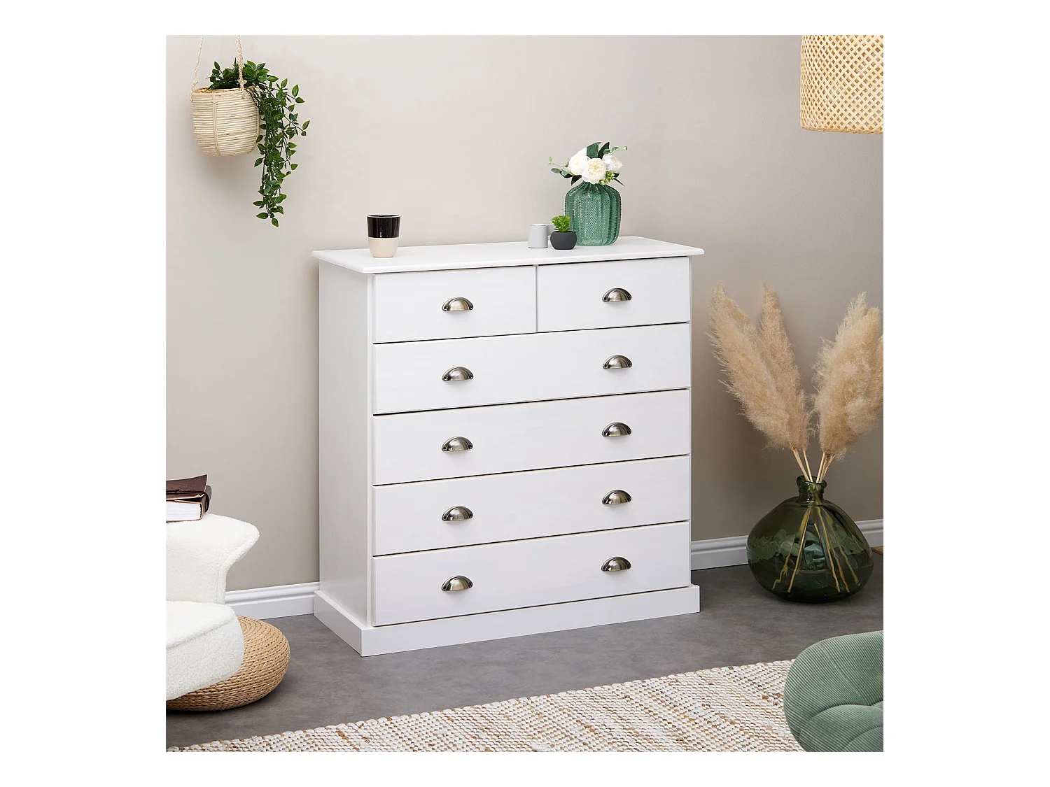 Commode chambre PARIS L 91 cm en bois massif lasuré blanc avec 6 tiroirs avec poignées coquille en métal style campagne