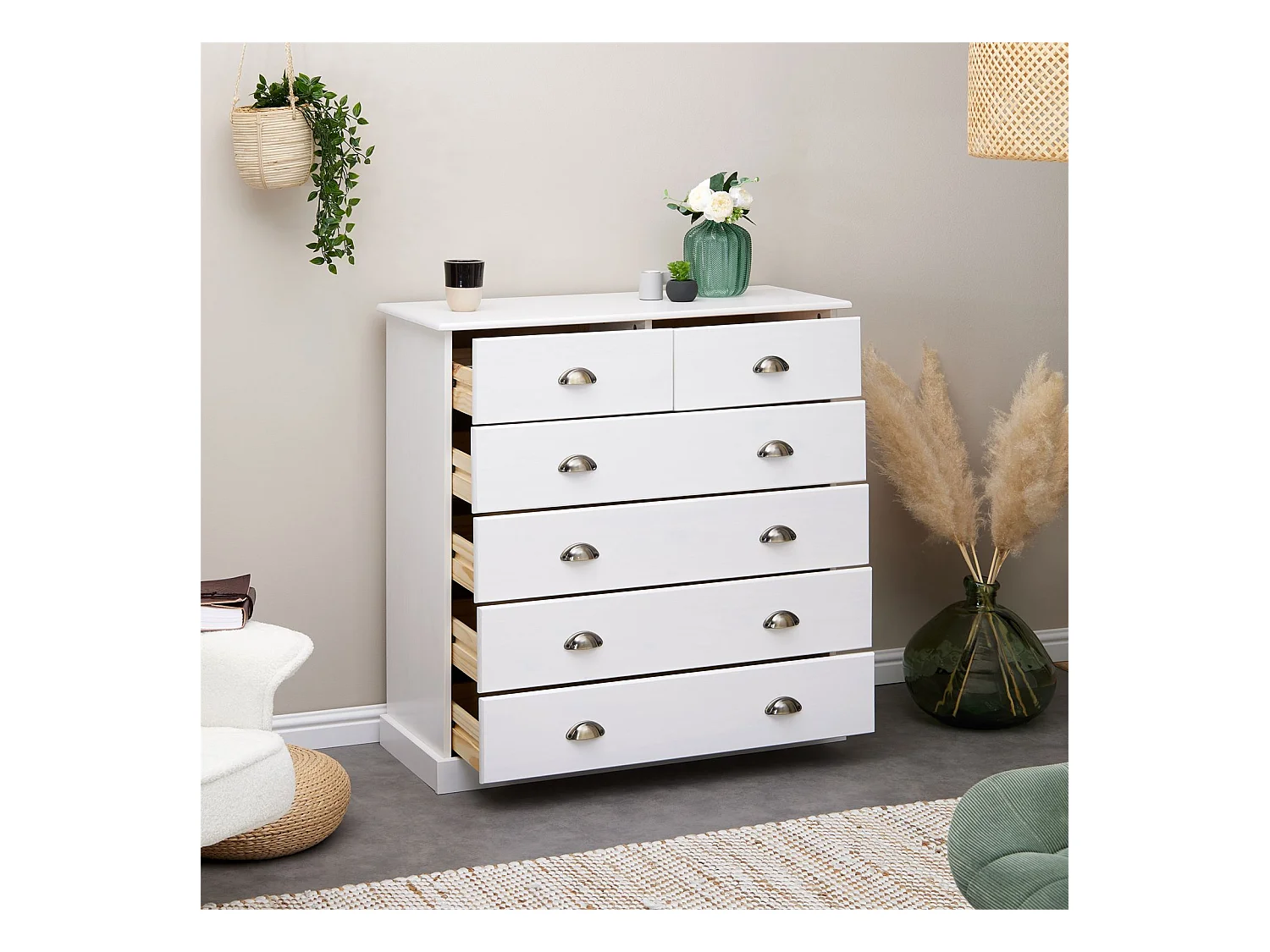 Commode chambre PARIS L 91 cm en bois massif lasuré blanc avec 6 tiroirs avec poignées coquille en métal style campagne