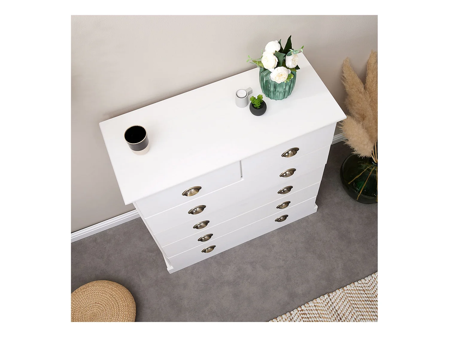 Commode chambre PARIS L 91 cm en bois massif lasuré blanc avec 6 tiroirs avec poignées coquille en métal style campagne