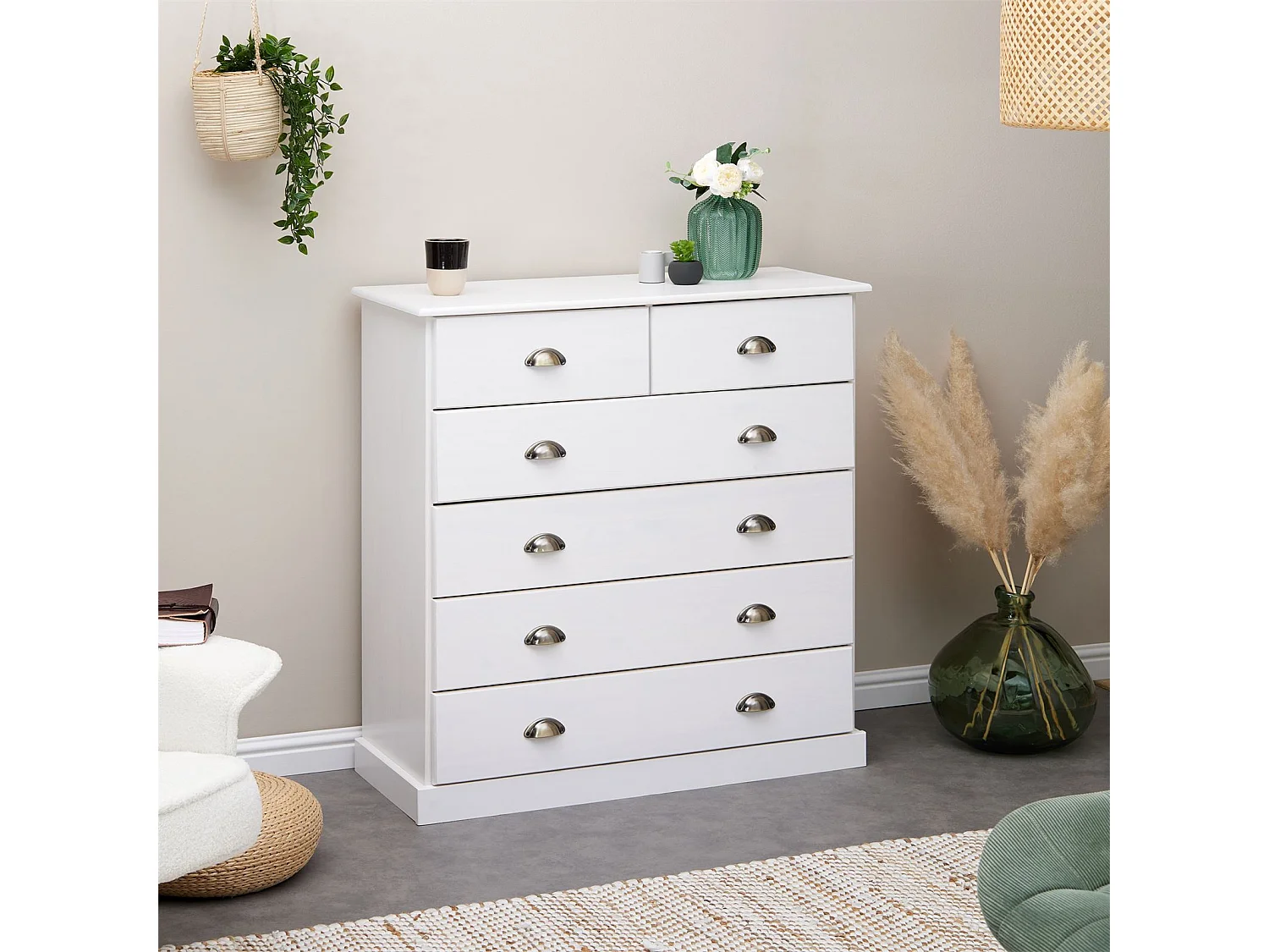 Commode chambre PARIS L 91 cm en bois massif lasuré blanc avec 6 tiroirs avec poignées coquille en métal style campagne