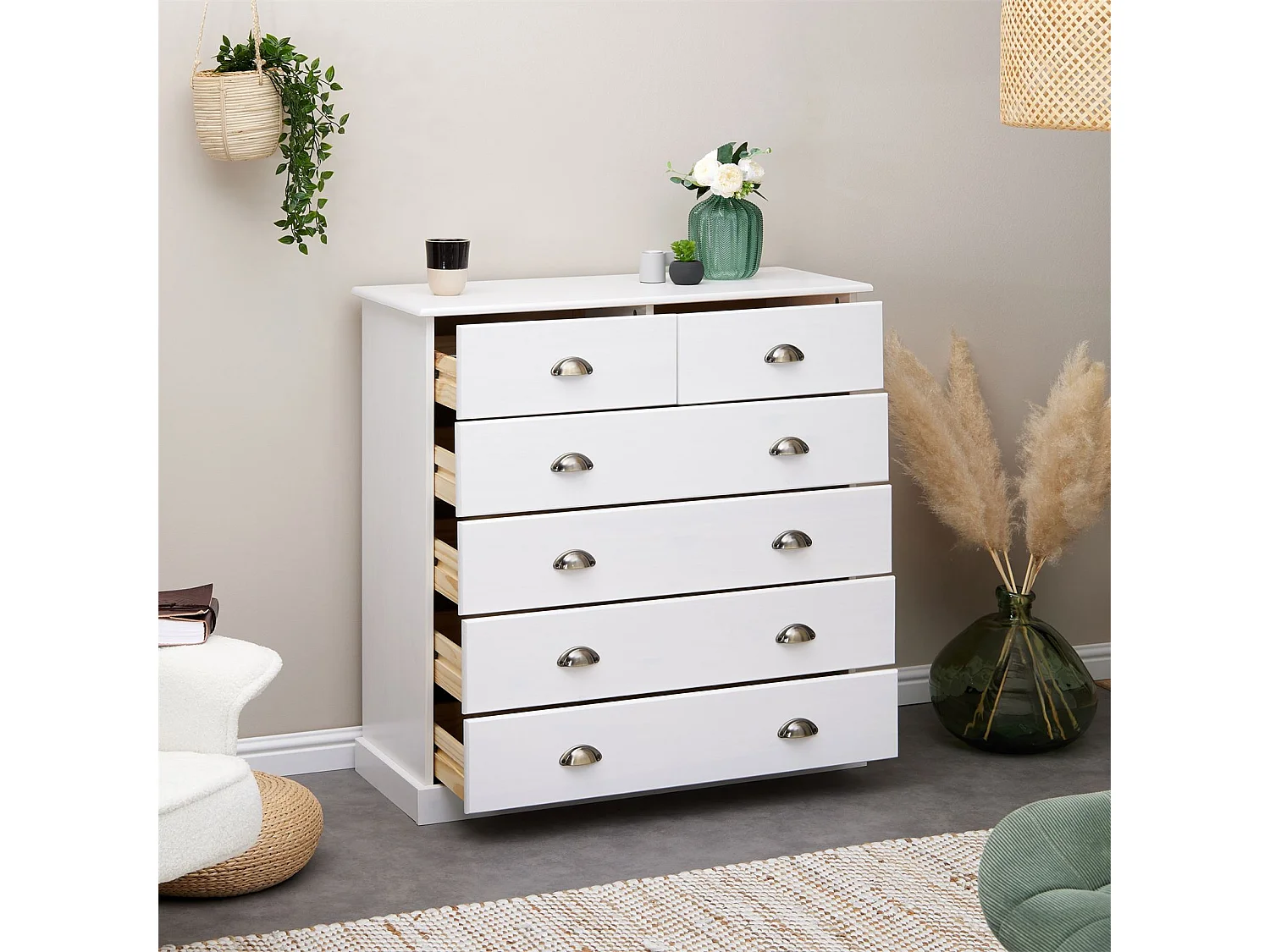 Commode chambre PARIS L 91 cm en bois massif lasuré blanc avec 6 tiroirs avec poignées coquille en métal style campagne