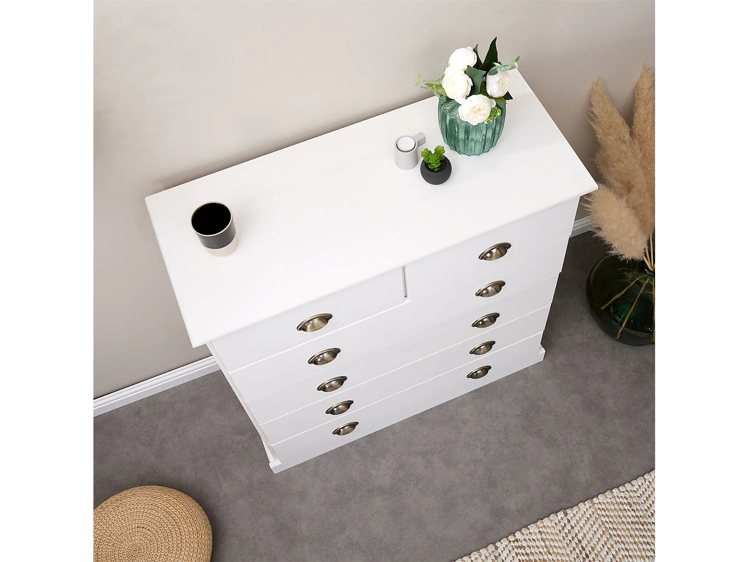Commode chambre PARIS L 91 cm en bois massif lasuré blanc avec 6 tiroirs avec poignées coquille en métal style campagne