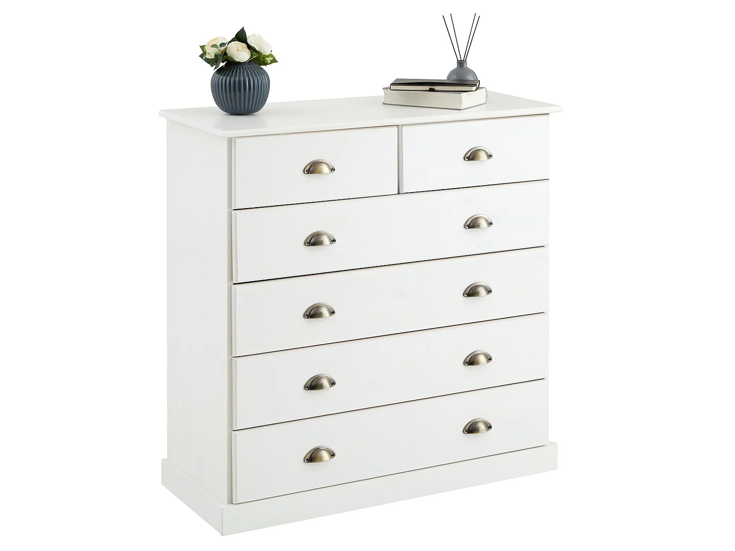 Commode chambre PARIS L 91 cm en bois massif lasuré blanc avec 6 tiroirs avec poignées coquille en métal style campagne