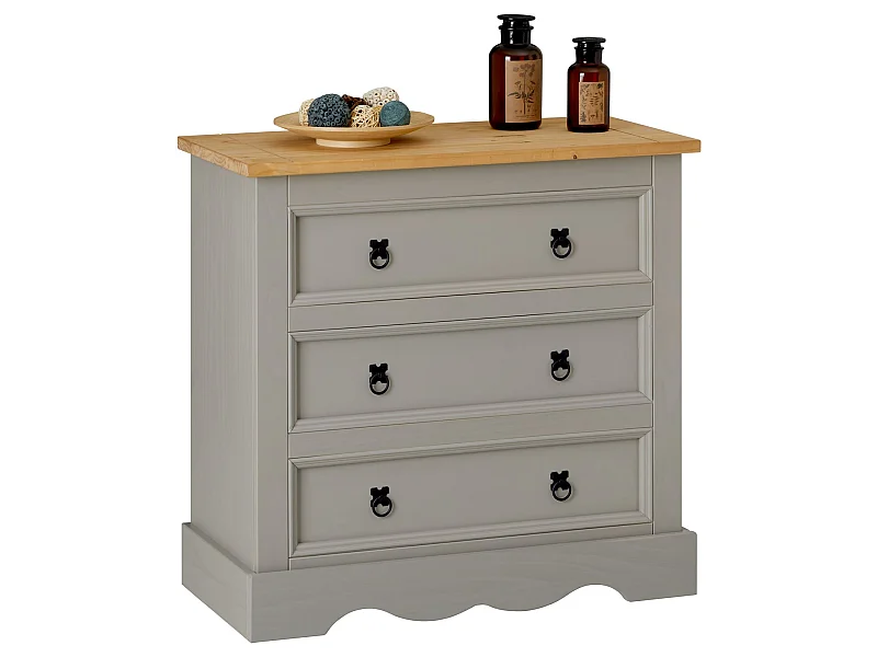 Commode TEQUILA buffet bahut vaisselier en bois style mexicain avec 3 grands tiroirs, en pin massif lasuré gris et brun
