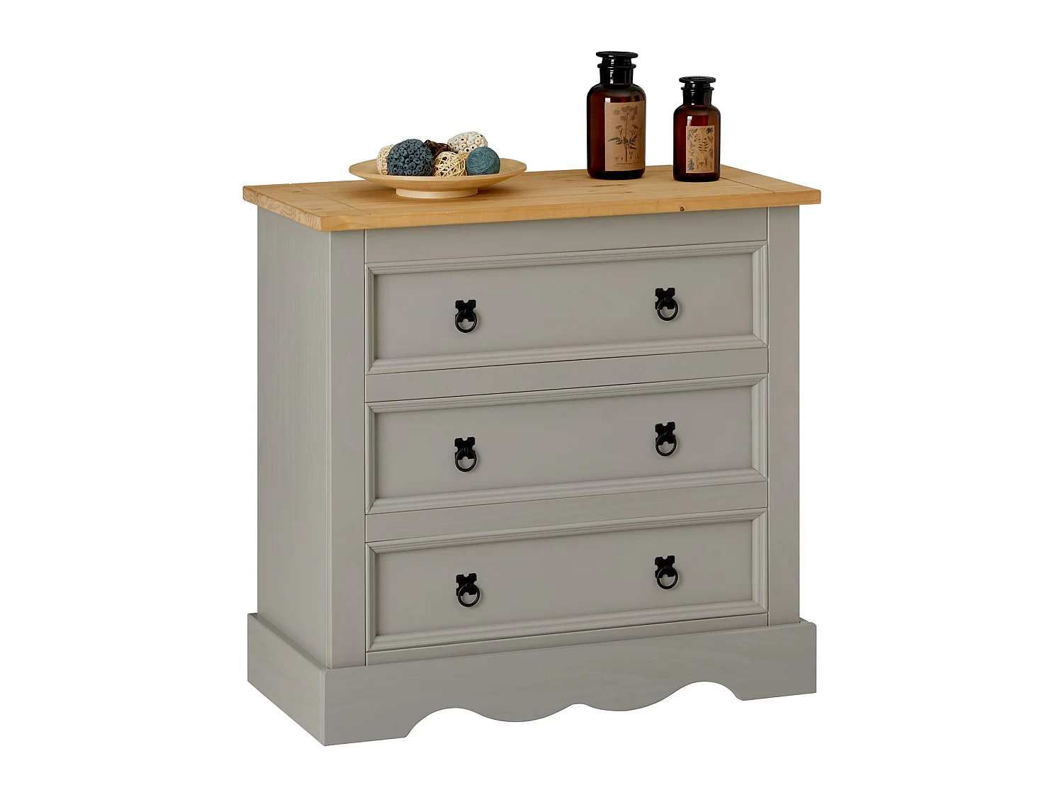 Commode TEQUILA buffet bahut vaisselier en bois style mexicain avec 3 grands tiroirs, en pin massif lasuré gris et brun