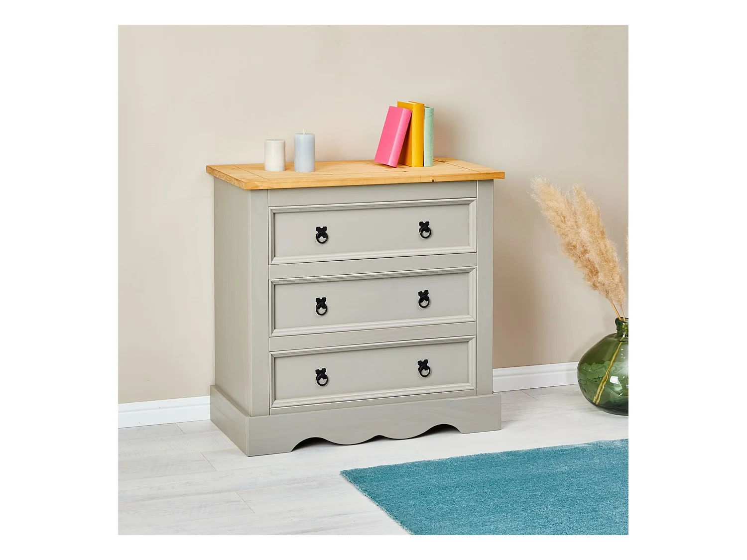 Commode TEQUILA buffet bahut vaisselier en bois style mexicain avec 3 grands tiroirs, en pin massif lasuré gris et brun